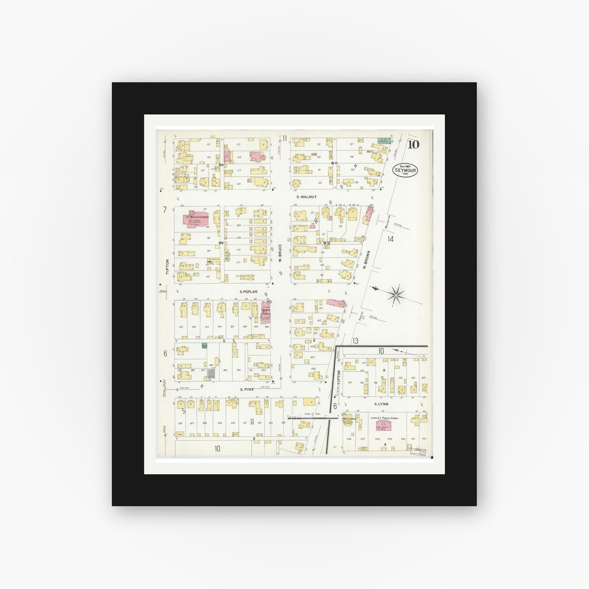 Old map wall art mockup — black gallery frame with white mat — Sanborn Fire Insurance Map from Seymour, Jackson County, Indiana (1907), Sheet #0010