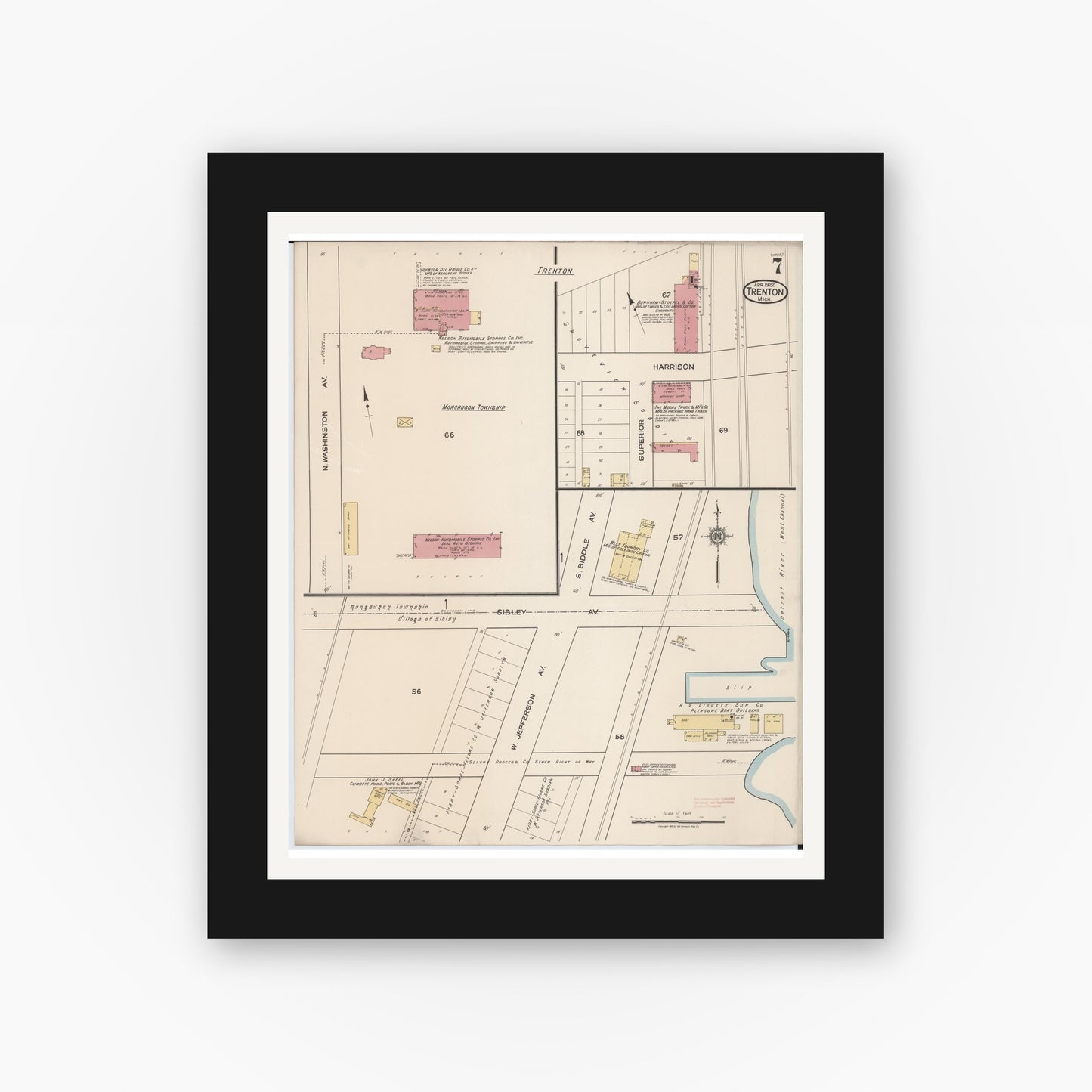 Old map wall art mockup — black gallery frame with white mat — Sanborn Fire Insurance Map from Trenton, Wayne County, Michigan (1922), Sheet #0007