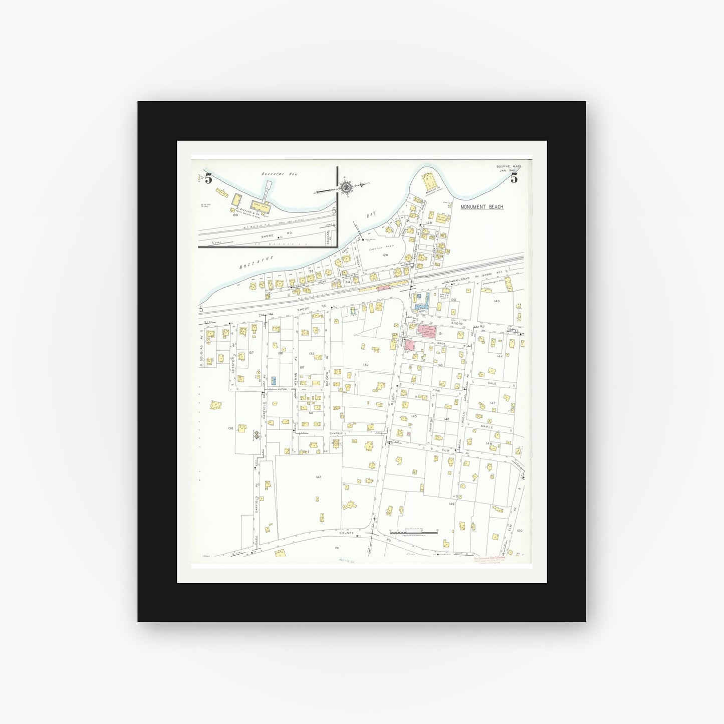 Old map wall art mockup — black gallery frame with white mat — Sanborn Fire Insurance Map from Bourne, Barnstable County, Massachusetts (1941), Sheet #0005