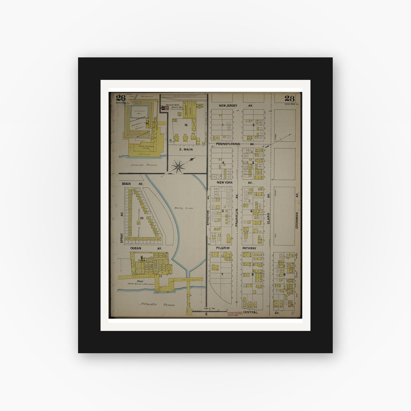 Old map wall art mockup — black gallery frame with white mat — Sanborn Fire Insurance Map from New Jersey Coast, New Jersey Coast, New Jersey (1890), Sheet #0028