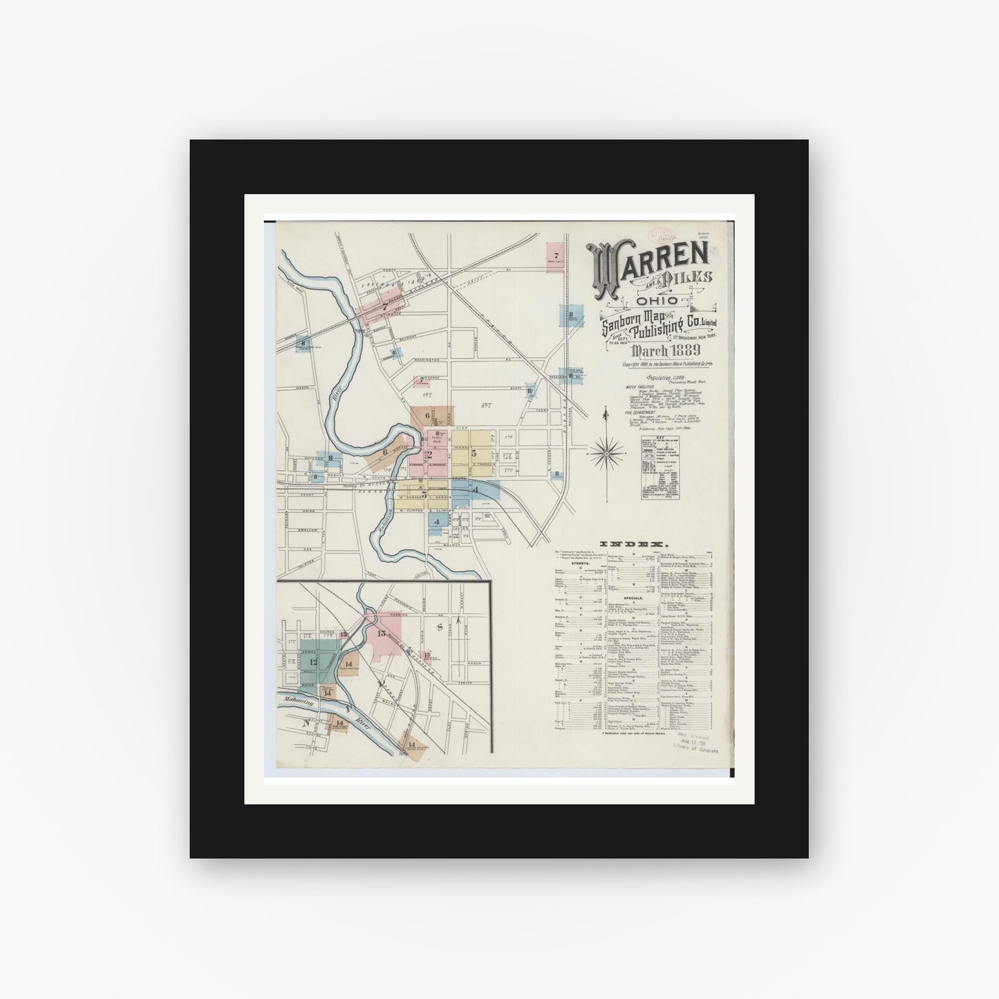 Old map wall art mockup — black gallery frame with white mat — Sanborn Fire Insurance Map from Warren, Trumbull County, Ohio (1889) - Complete Map Set