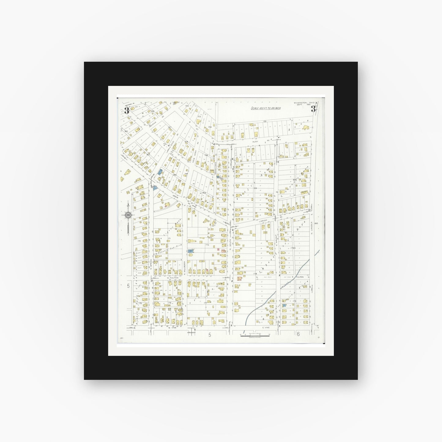 Old map wall art mockup — black gallery frame with white mat — Sanborn Fire Insurance Map from Wilmington, Clinton County, Ohio (1933), Sheet #0003