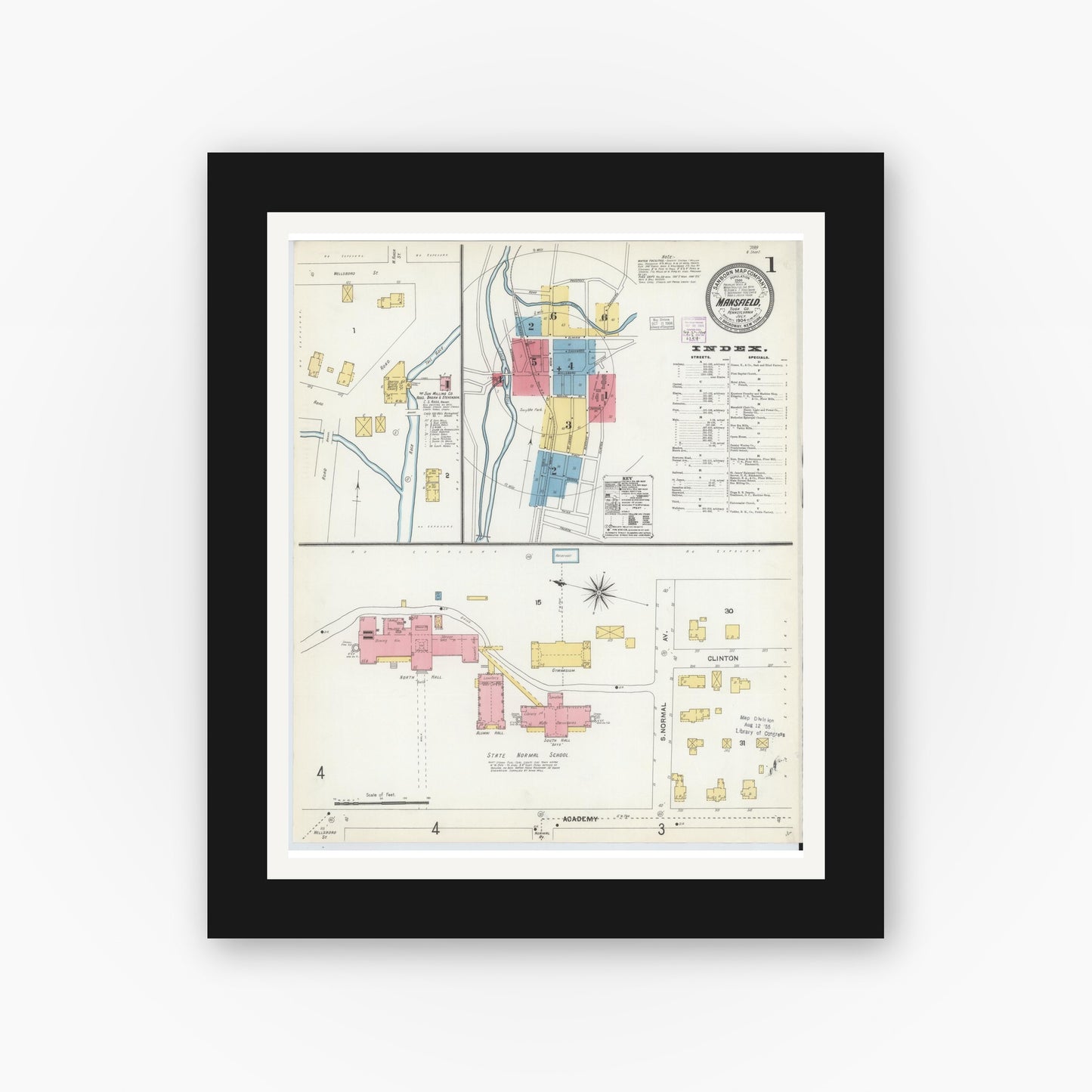 Old map wall art mockup — black gallery frame with white mat — Sanborn Fire Insurance Map from Mansfield, Tioga County, Pennsylvania (1904) - Complete Map Set
