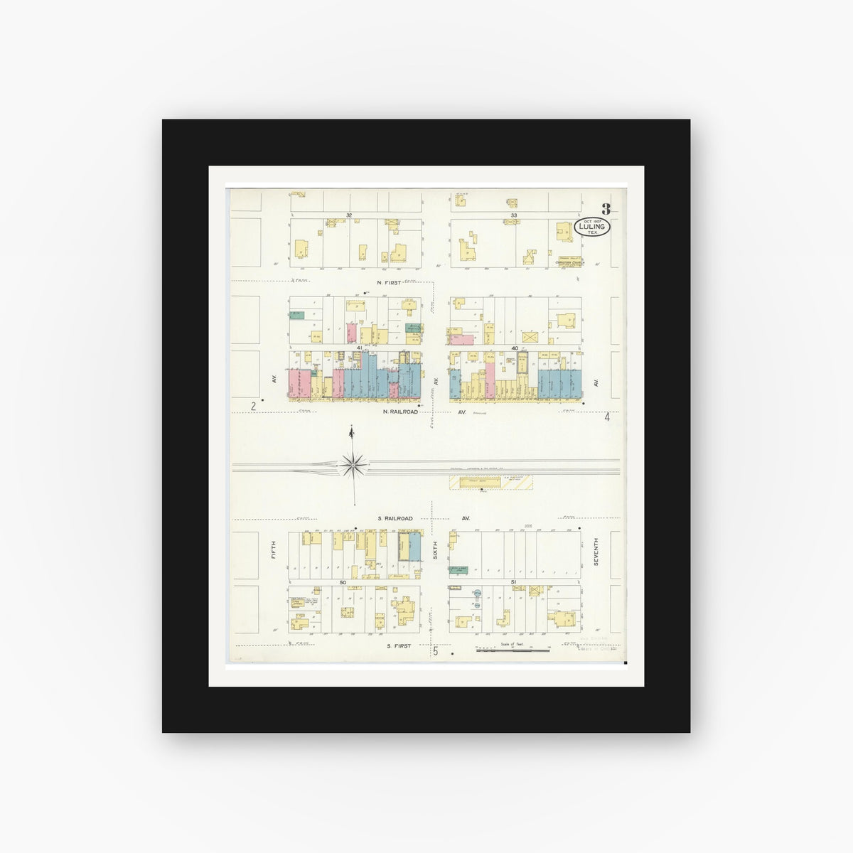 Old map wall art mockup — black gallery frame with white mat — Sanborn Fire Insurance Map from Luling, Caldwell County, Texas (1907), Sheet #0003