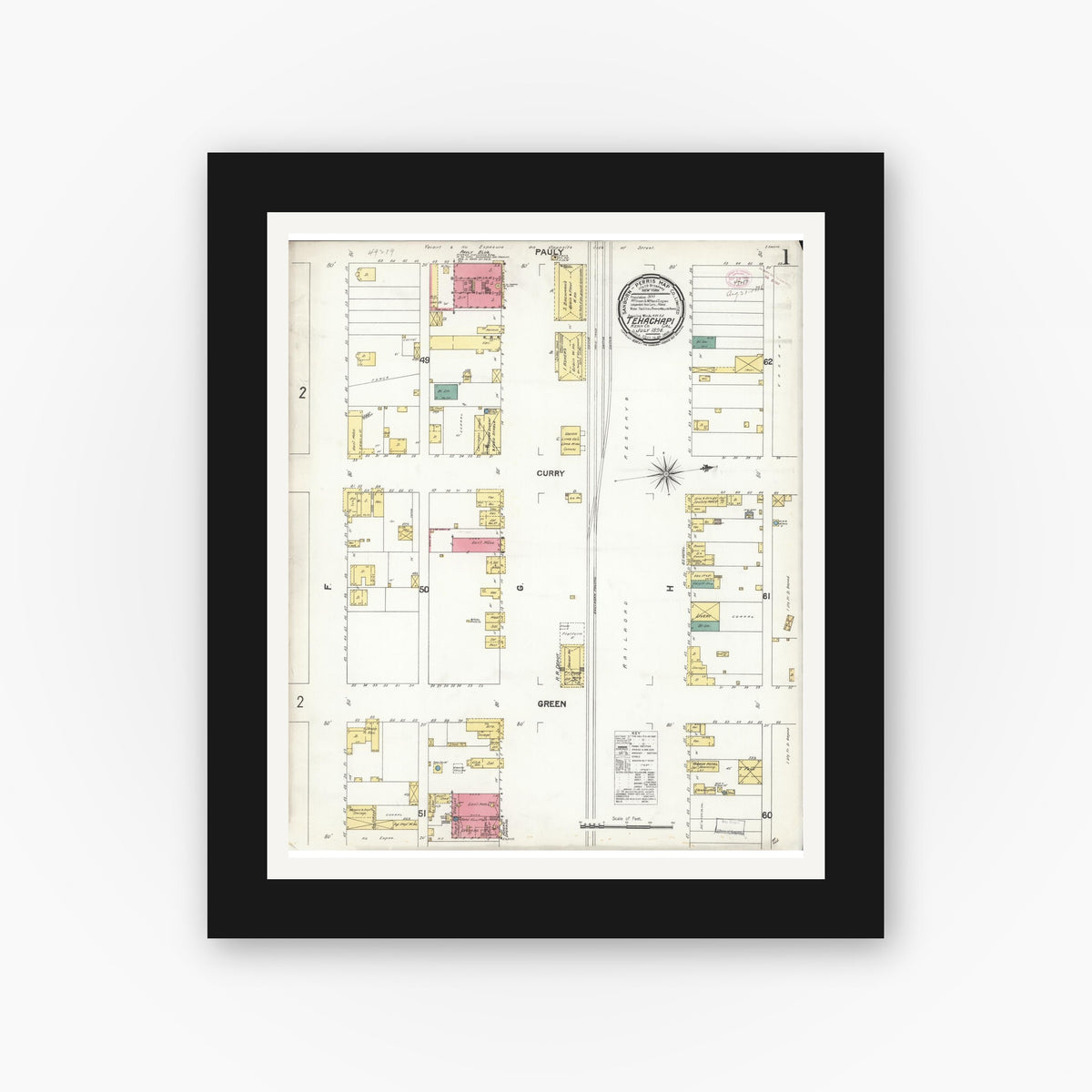 Old map wall art mockup — black gallery frame with white mat — Sanborn Fire Insurance Map from Tehachapi, Kern County, California (1896) - Complete Map Set