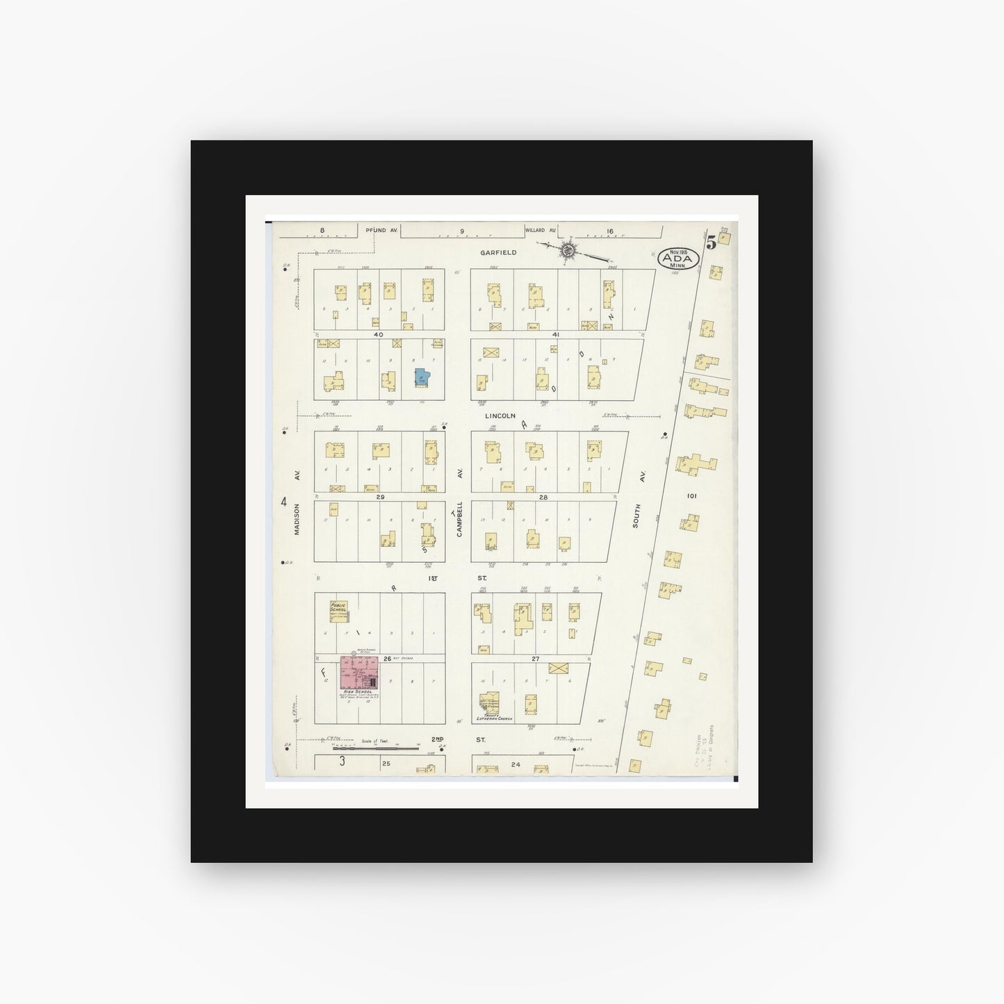 Old map wall art mockup — black gallery frame with white mat — Sanborn Fire Insurance Map from Ada, Norman County, Minnesota (1916), Sheet #0005