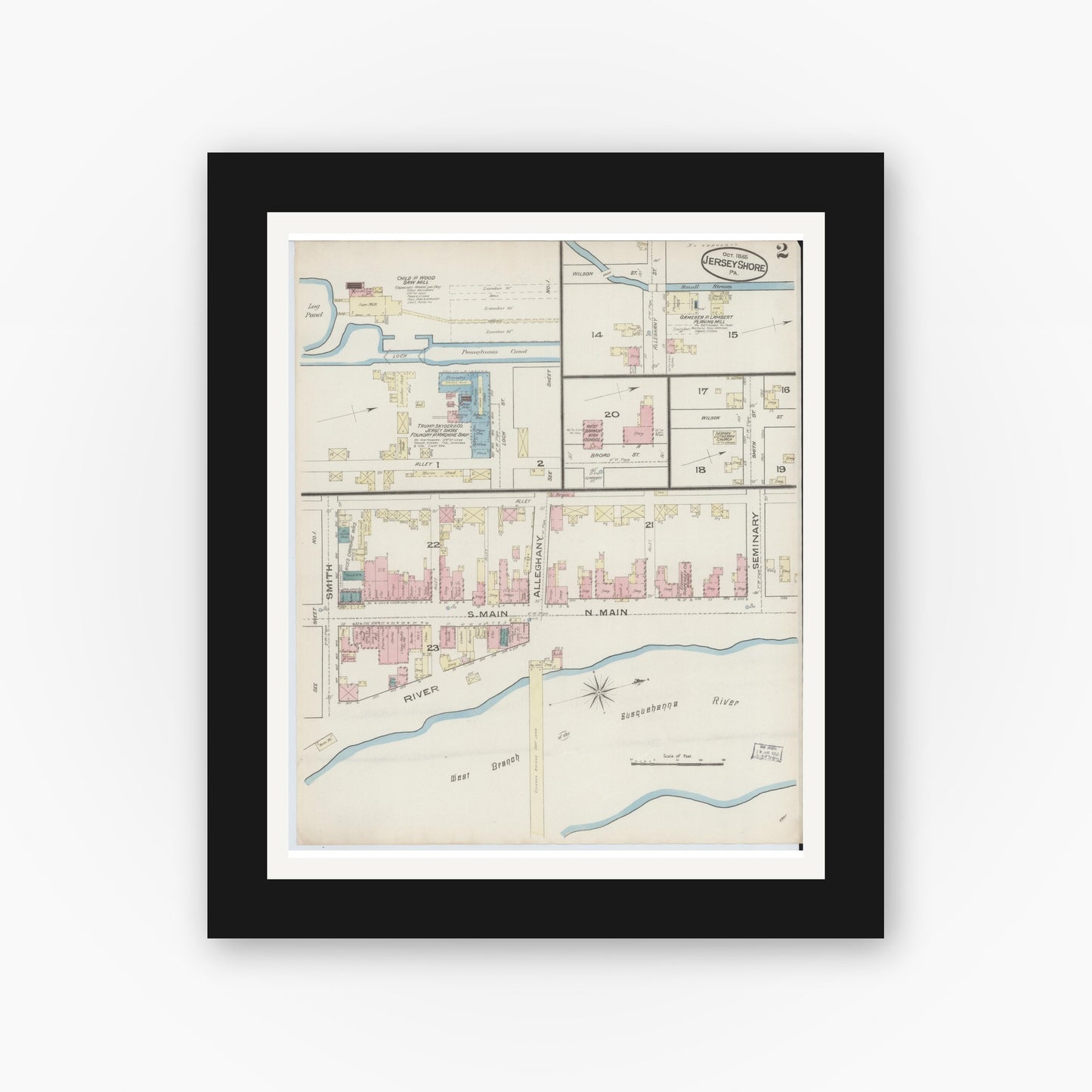Old map wall art mockup — black gallery frame with white mat — Sanborn Fire Insurance Map from Jersey Shore, Lycoming County, Pennsylvania (1885), Sheet #0002