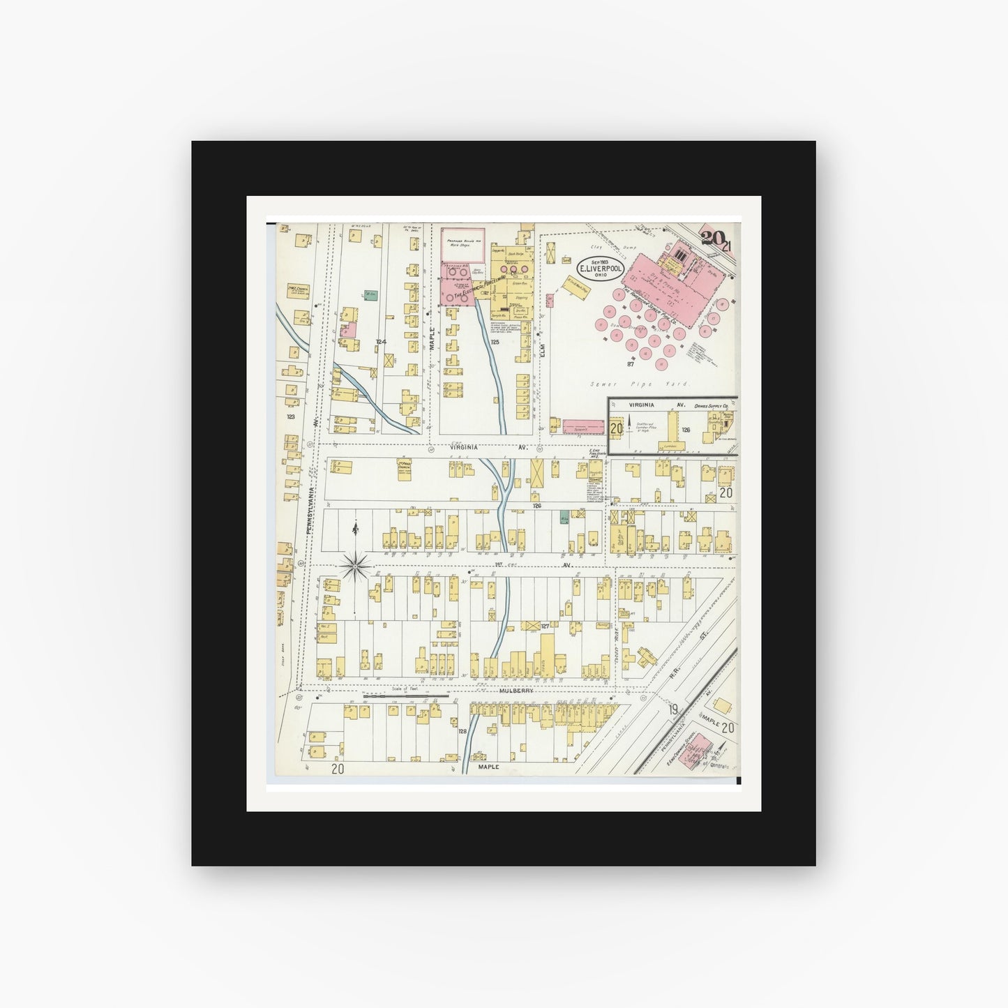 Old map wall art mockup — black gallery frame with white mat — Sanborn Fire Insurance Map from East Liverpool, Columbiana County, Ohio (1903), Sheet #0020