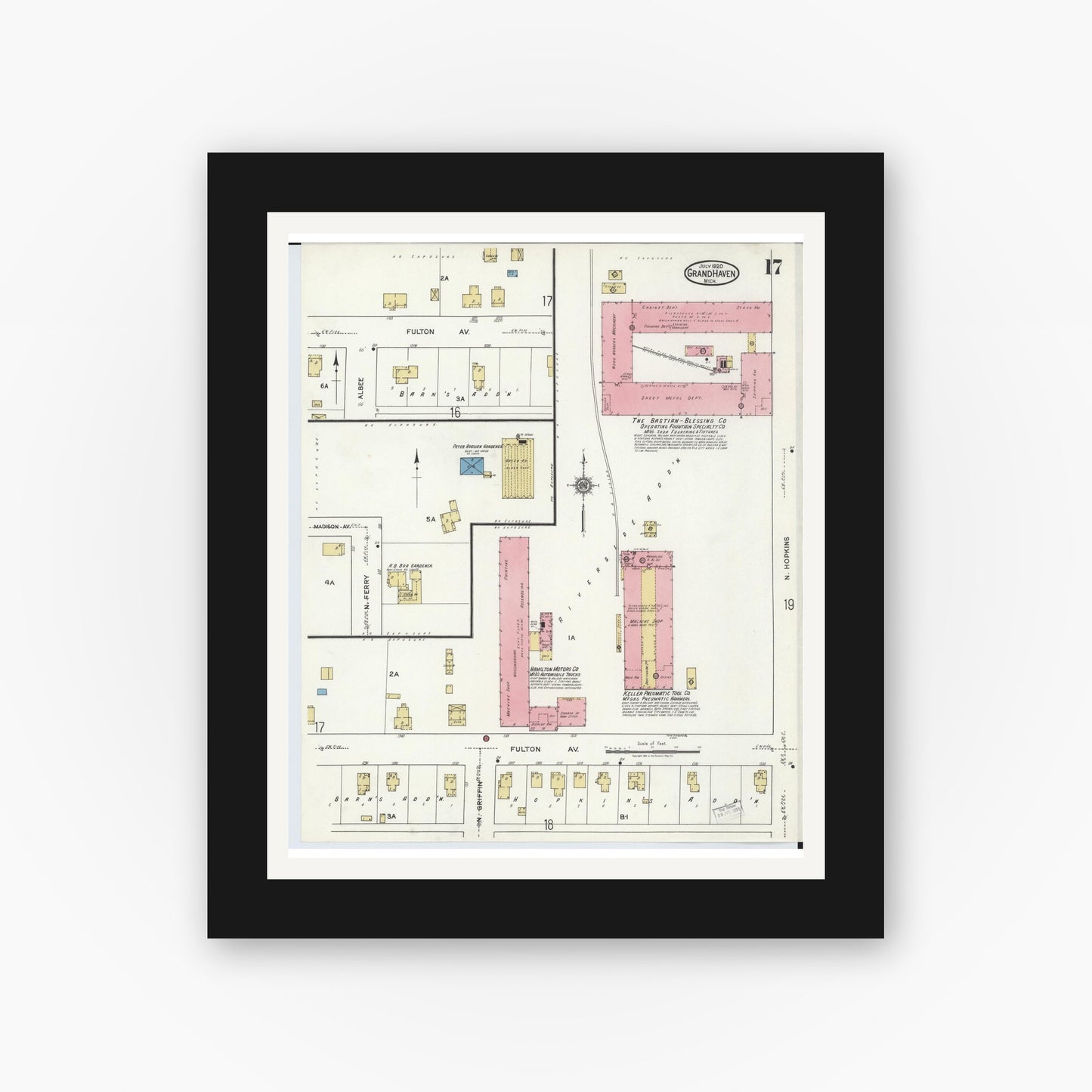 Old map wall art mockup — black gallery frame with white mat — Sanborn Fire Insurance Map from Grand Haven, Ottawa County, Michigan (1920), Sheet #0017