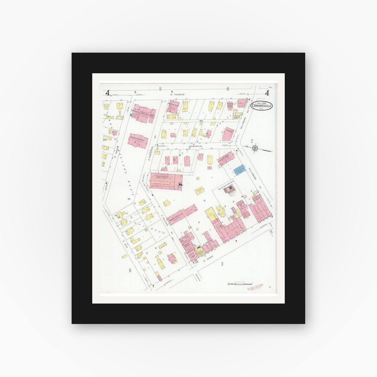 Old map wall art mockup — black gallery frame with white mat — Sanborn Fire Insurance Map from Edwardsville, Madison County, Illinois (1930), Sheet #0004