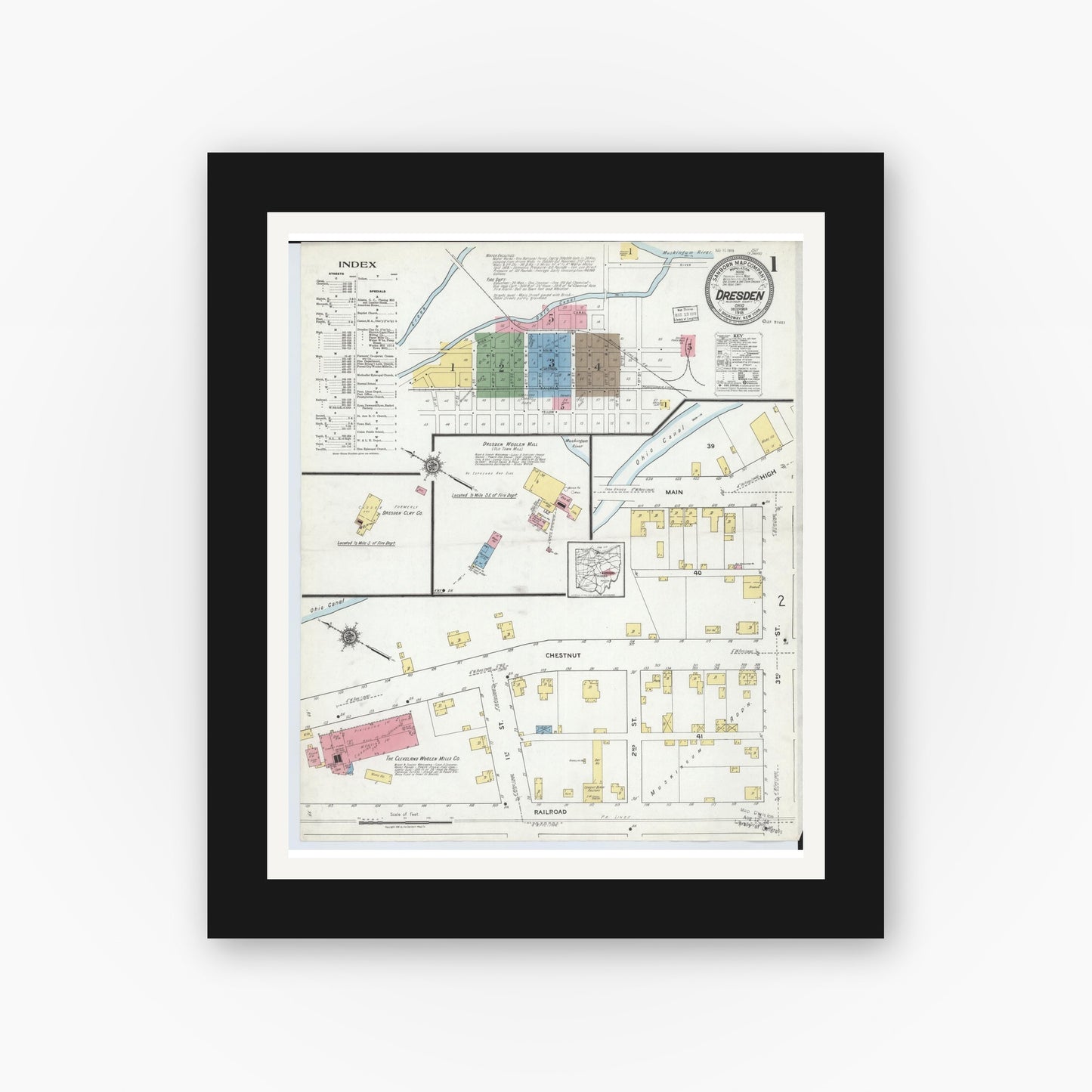 Old map wall art mockup — black gallery frame with white mat — Sanborn Fire Insurance Map from Dresden, Muskingum County, Ohio (1918), Sheet #0001