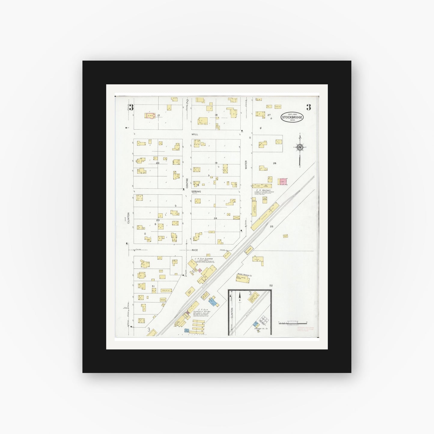 Old map wall art mockup — black gallery frame with white mat — Sanborn Fire Insurance Map from Stockbridge, Ingham County, Michigan (1930), Sheet #0003