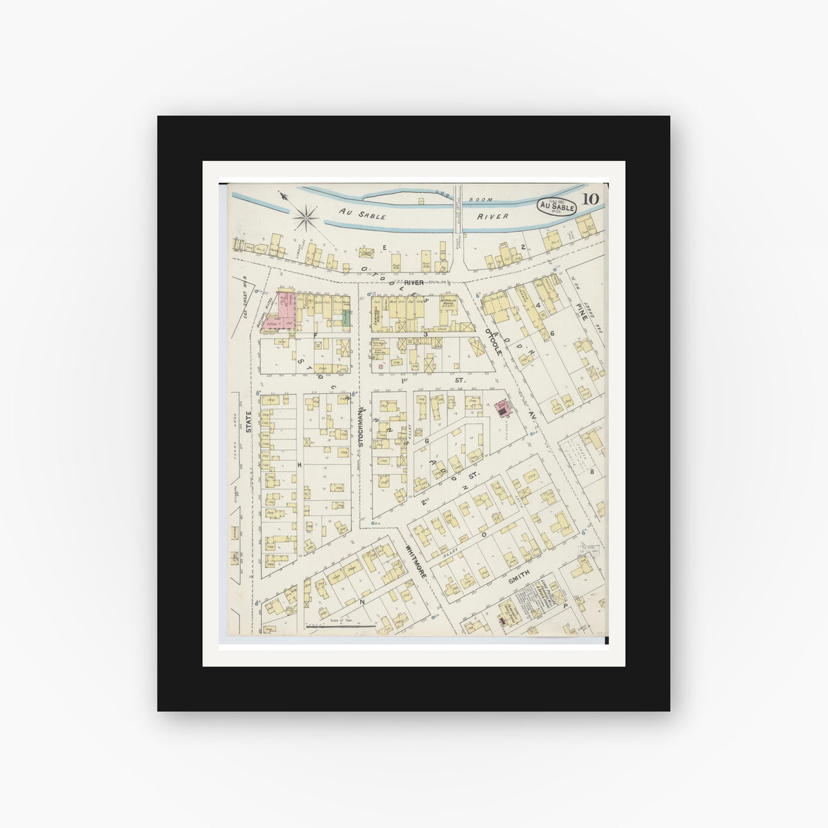 Old map wall art mockup — black gallery frame with white mat — Sanborn Fire Insurance Map from Oscoda, Iosco County, Michigan (1890), Sheet #0010