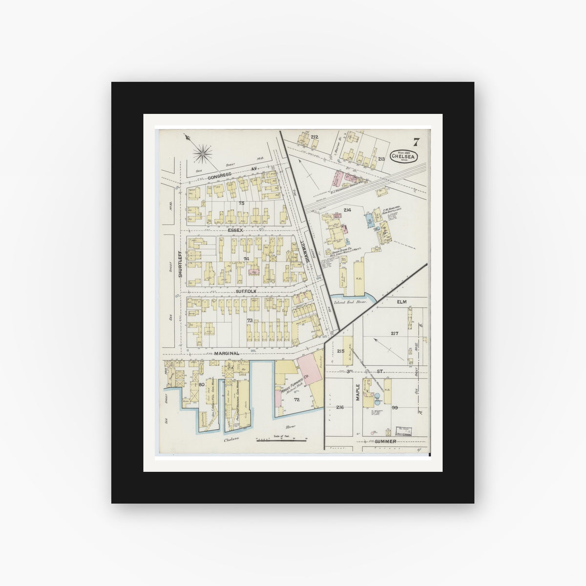 Old map wall art mockup — black gallery frame with white mat — Sanborn Fire Insurance Map from Chelsea, Suffolk County, Massachusetts (1889), Sheet #0007