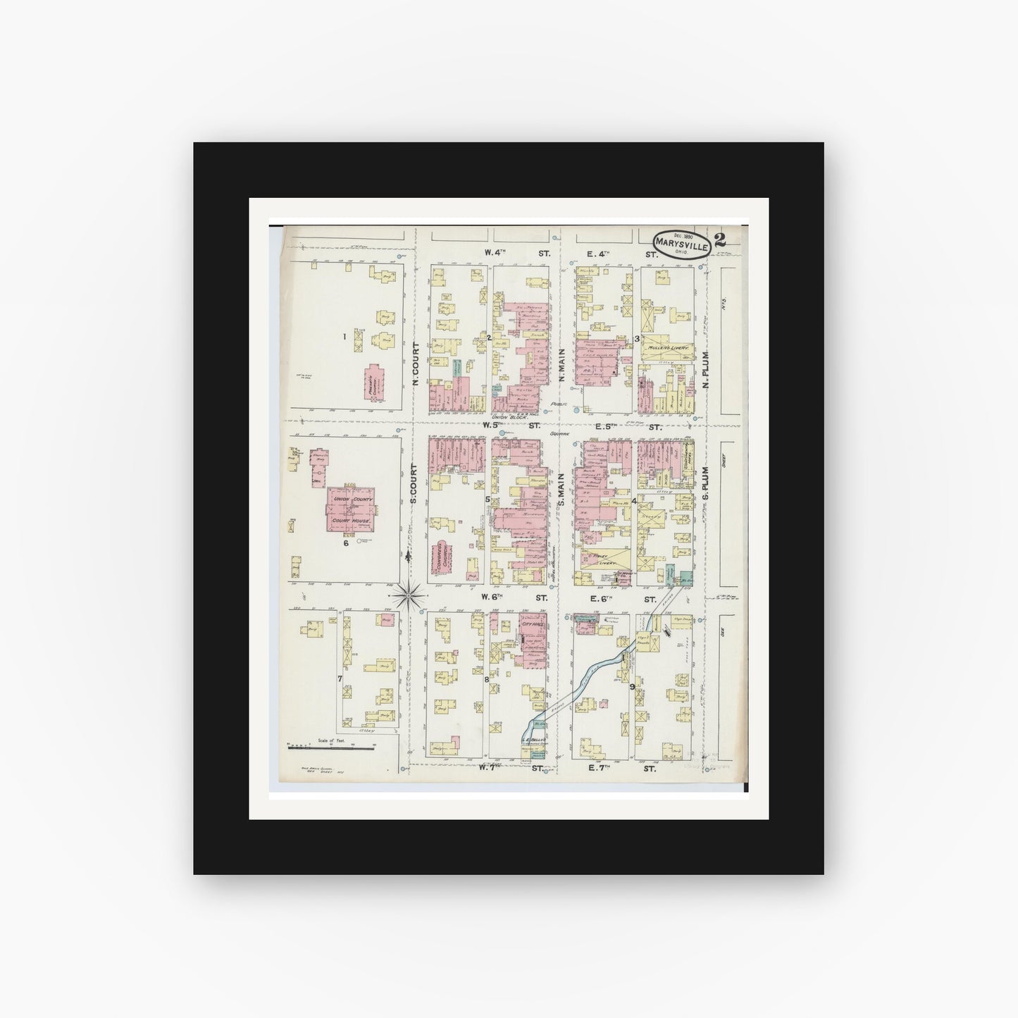Old map wall art mockup — black gallery frame with white mat — Sanborn Fire Insurance Map from Marysville, Union County, Ohio (1890), Sheet #0002