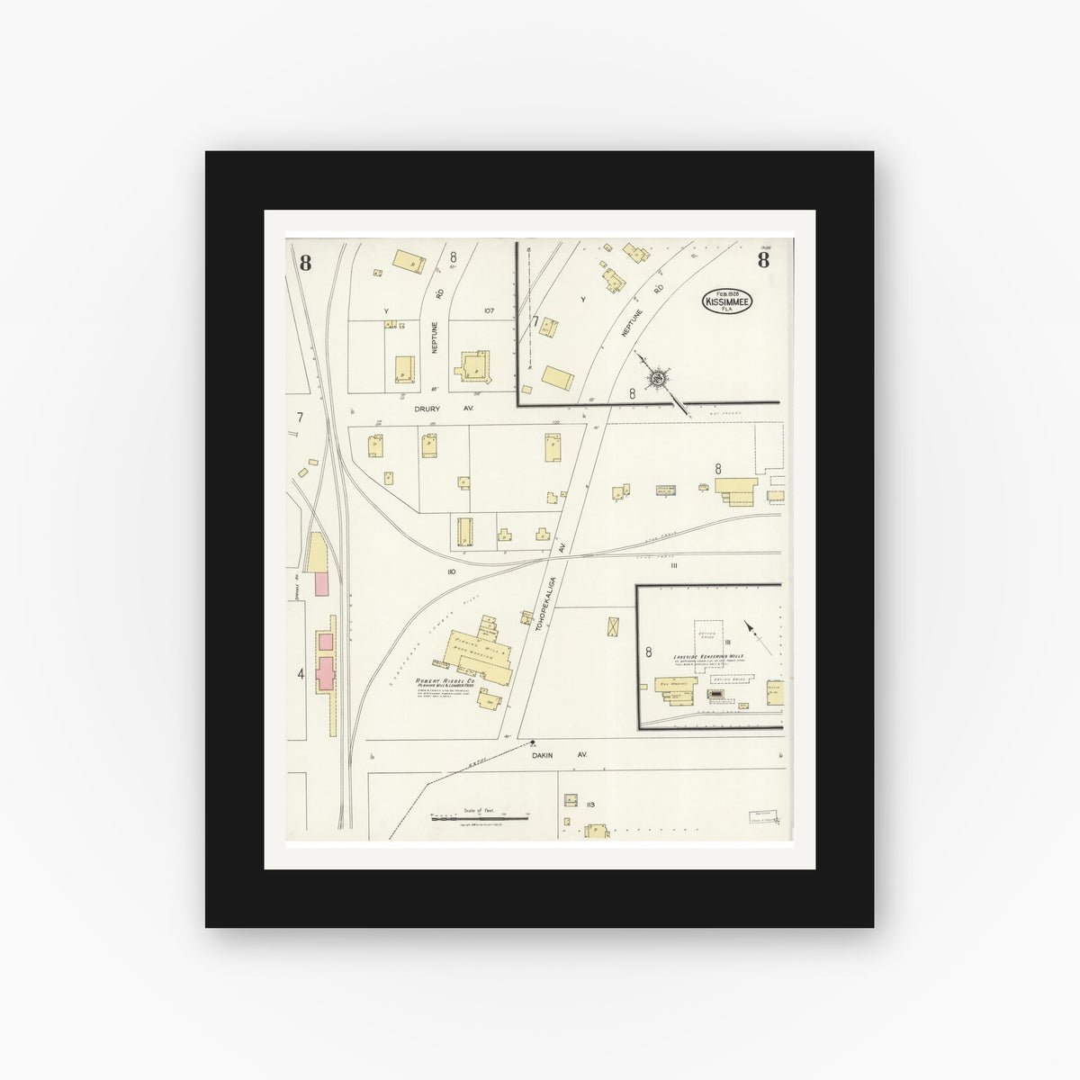 Old map wall art mockup — black gallery frame with white mat — Sanborn Fire Insurance Map from Kissimmee, Osceola County, Florida (1926), Sheet #0008