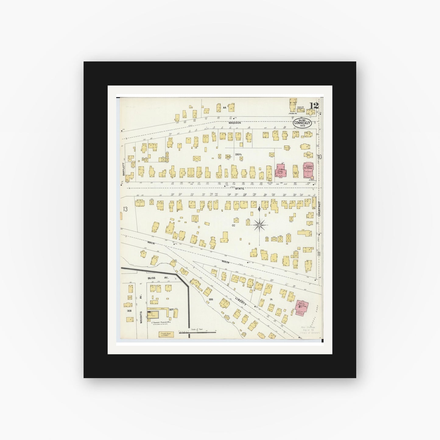 Old map wall art mockup — black gallery frame with white mat — Sanborn Fire Insurance Map from Conneaut, Ashtabula County, Ohio (1902), Sheet #0012