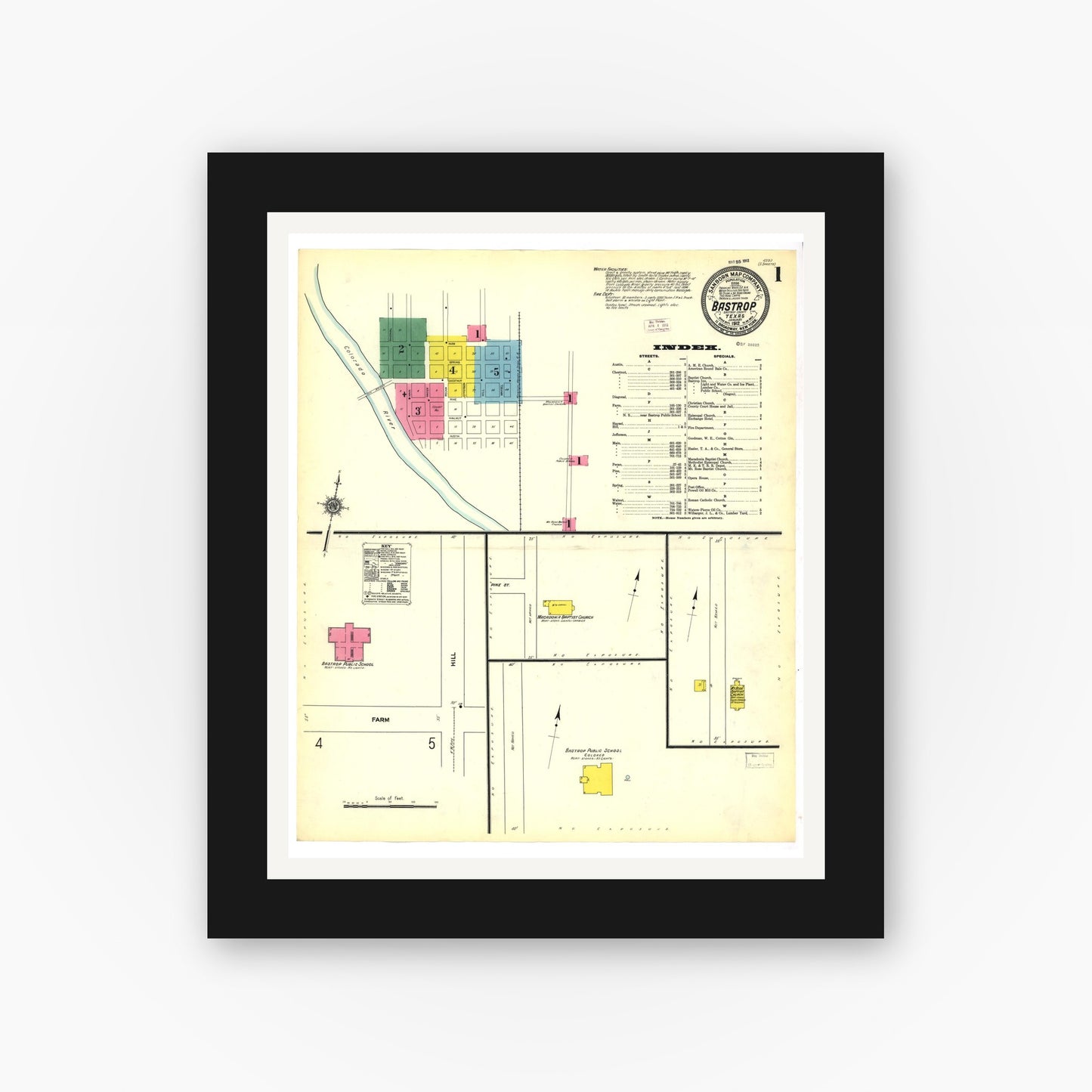 Old map wall art mockup — black gallery frame with white mat — Sanborn Fire Insurance Map from Bastrop, Bastrop County, Texas (1912), Sheet #0001
