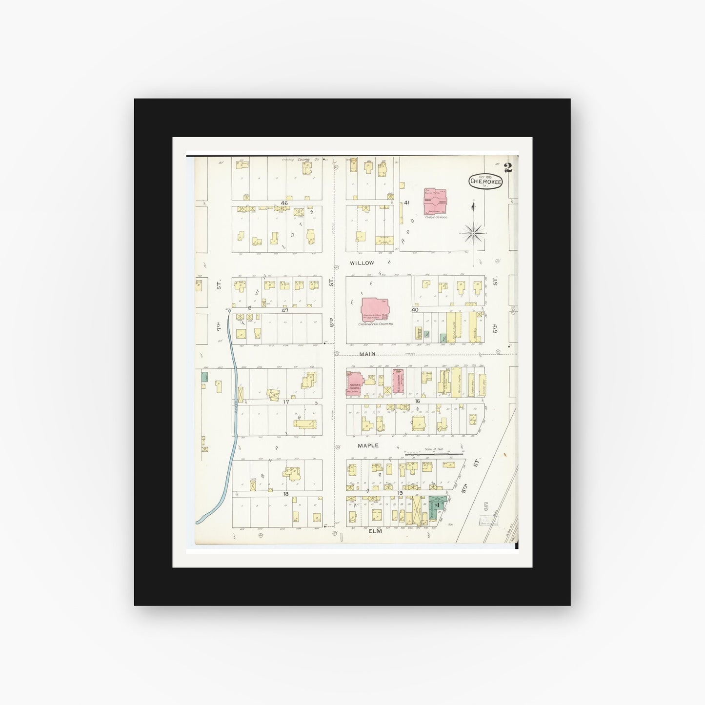 Old map wall art mockup — black gallery frame with white mat — Sanborn Fire Insurance Map from Cherokee, Cherokee County, Iowa (1893), Sheet #0002