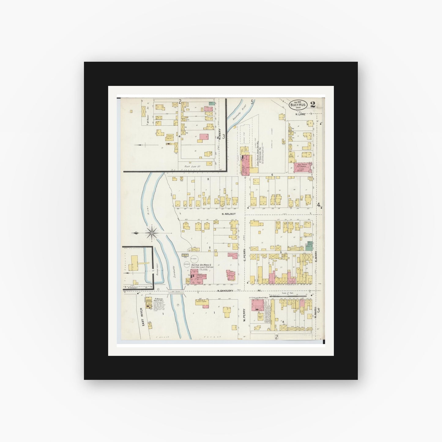 Old map wall art mockup — black gallery frame with white mat — Sanborn Fire Insurance Map from Bucyrus, Crawford County, Ohio (1903), Sheet #0002