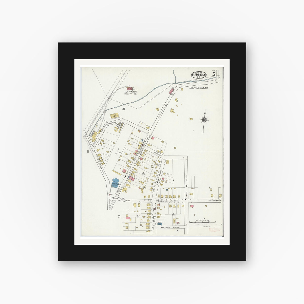 Old map wall art mockup — black gallery frame with white mat — Sanborn Fire Insurance Map from Flemington, Hunterdon County, New Jersey (1921), Sheet #0005