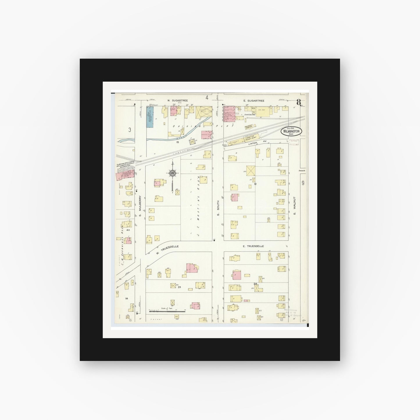 Old map wall art mockup — black gallery frame with white mat — Sanborn Fire Insurance Map from Wilmington, Clinton County, Ohio (1914), Sheet #0008