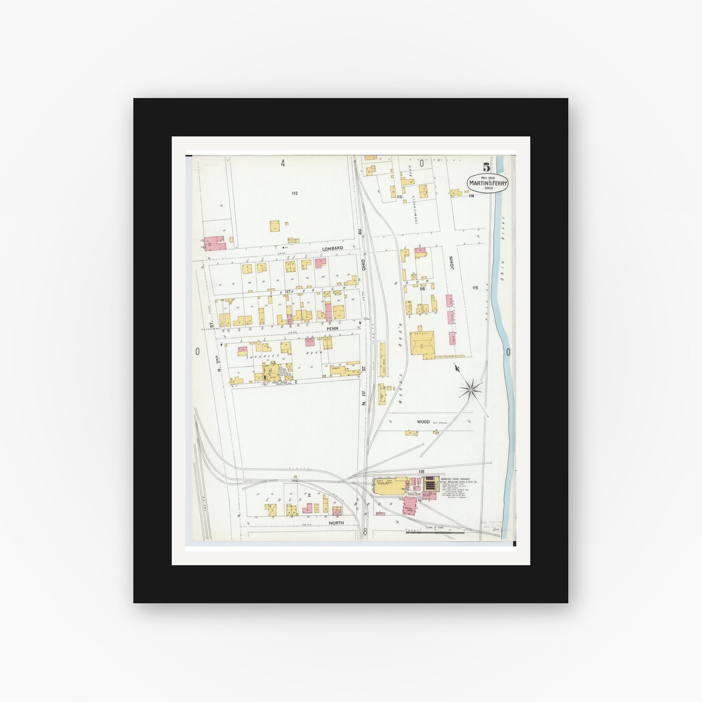 Old map wall art mockup — black gallery frame with white mat — Sanborn Fire Insurance Map from Martins Ferry, Belmont County, Ohio (1900), Sheet #0005