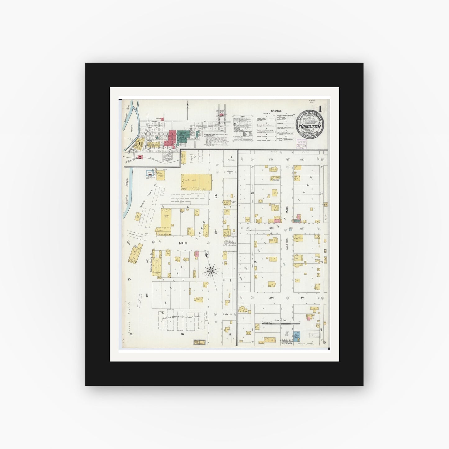 Old map wall art mockup — black gallery frame with white mat — Sanborn Fire Insurance Map from Hamilton, Hancock County, Illinois (1906), Sheet #0001