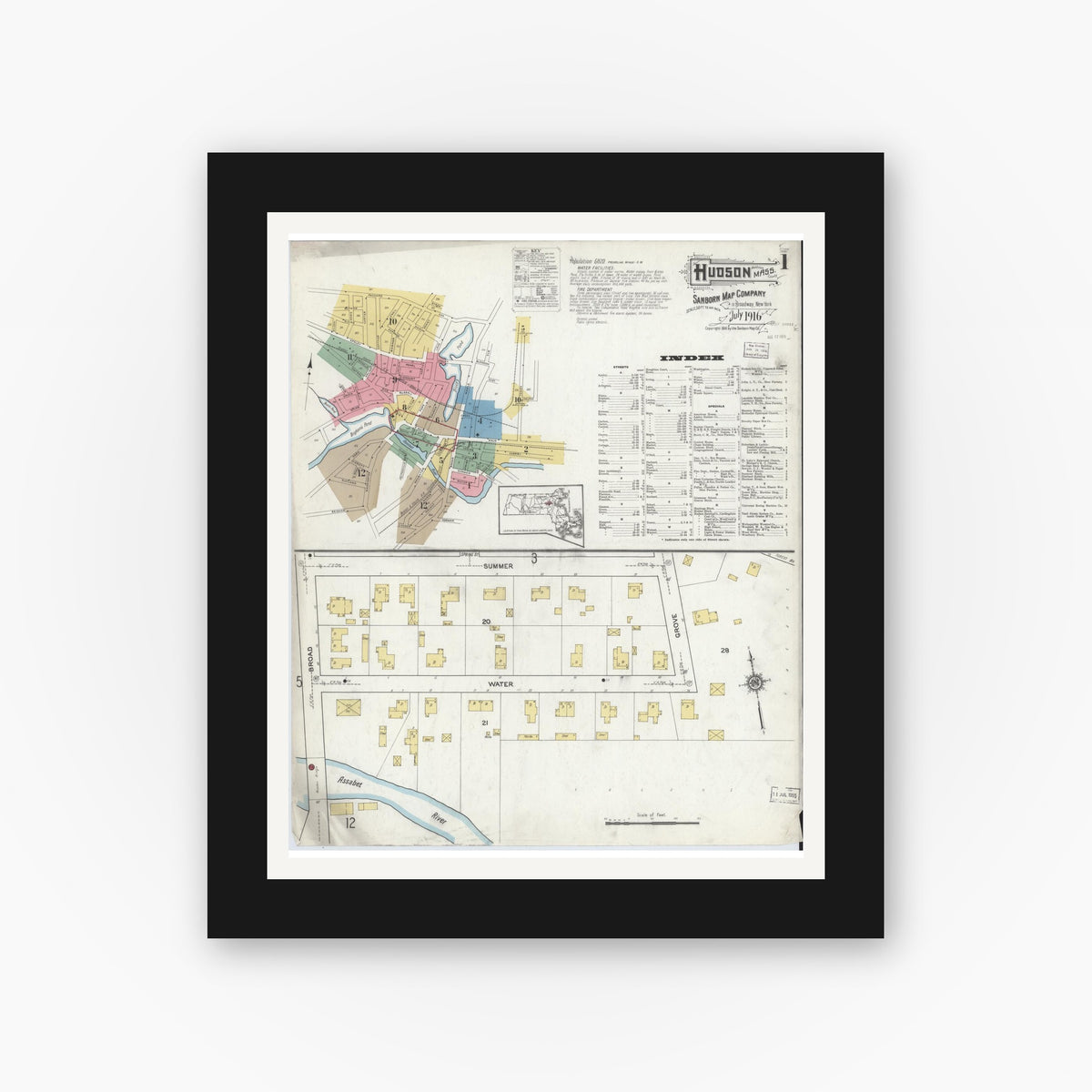 Old map wall art mockup — black gallery frame with white mat — Sanborn Fire Insurance Map from Hudson, Middlesex County, Massachusetts (1916), Sheet #0001