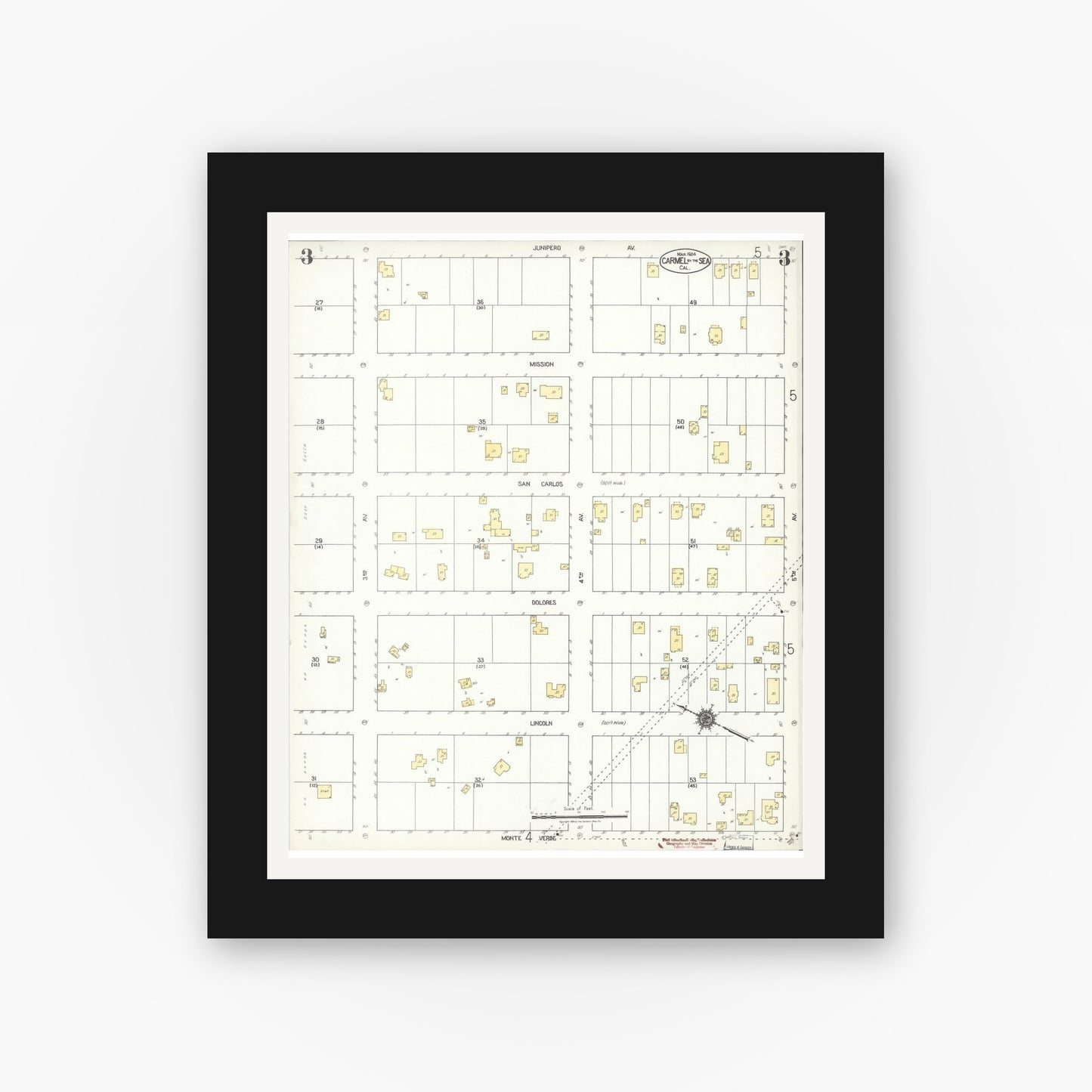 Old map wall art mockup — black gallery frame with white mat — Sanborn Fire Insurance Map from Carmel By The Sea, Monterey County, California (1924), Sheet #0003