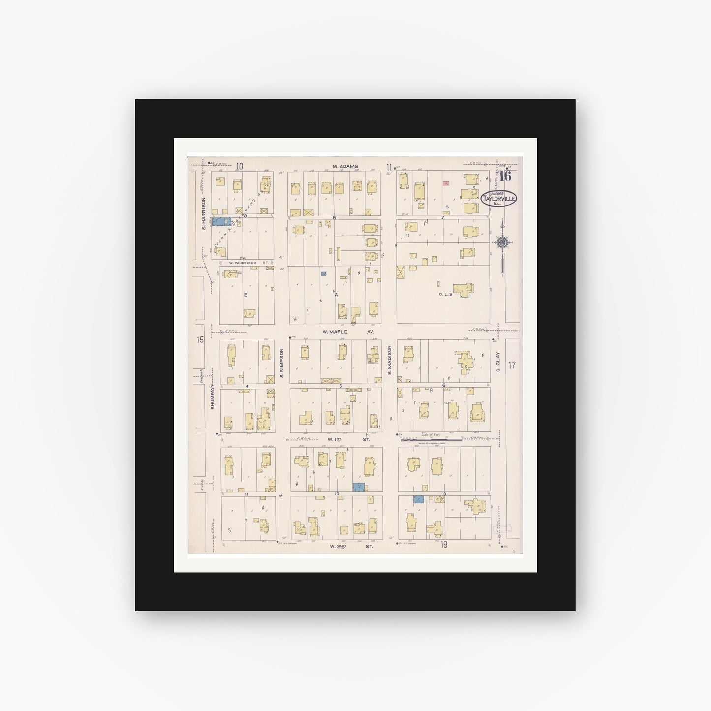 Old map wall art mockup — black gallery frame with white mat — Sanborn Fire Insurance Map from Taylorville, Christian County, Illinois (1922), Sheet #0016