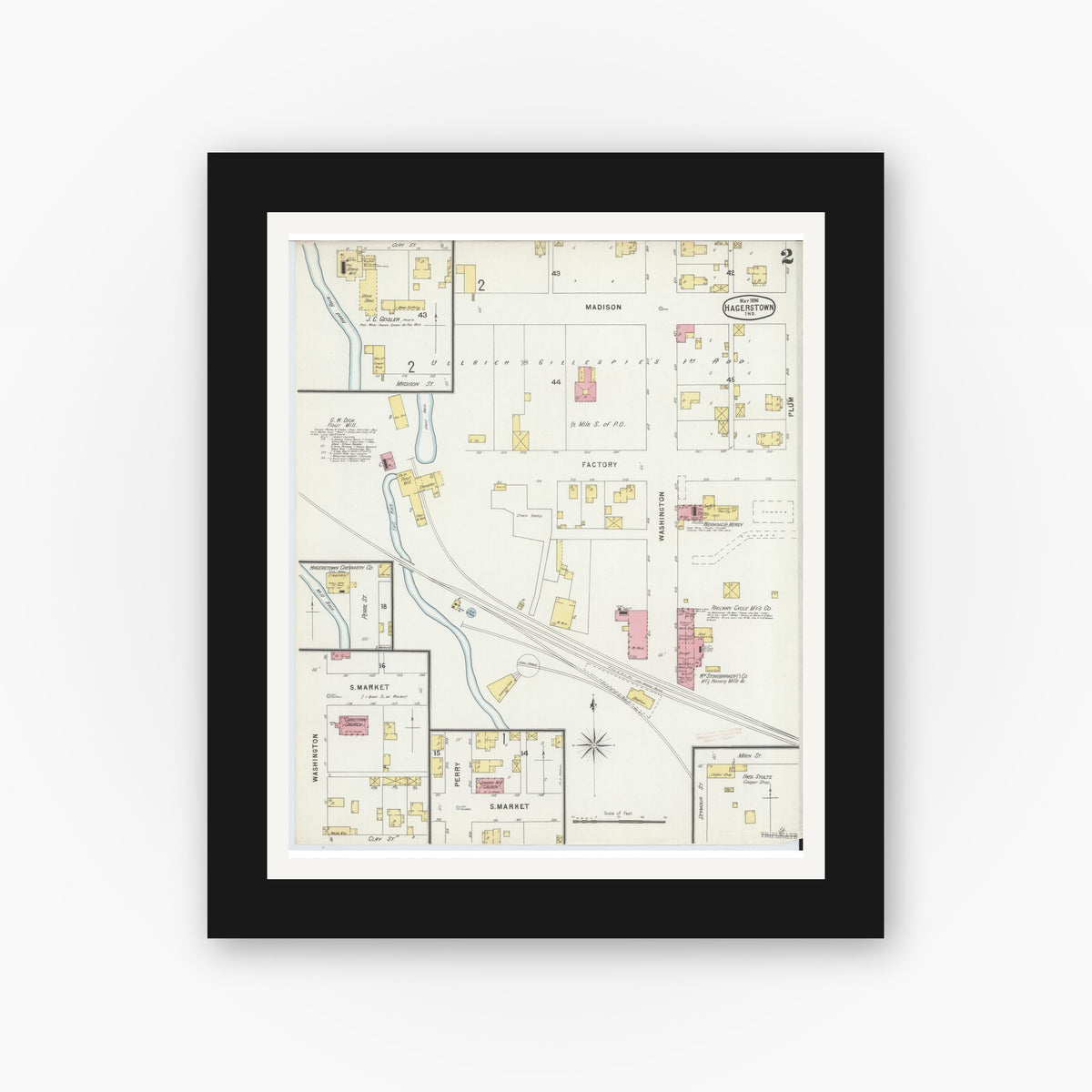 Old map wall art mockup — black gallery frame with white mat — Sanborn Fire Insurance Map from Hagerstown, Wayne County, Indiana (1896), Sheet #0002