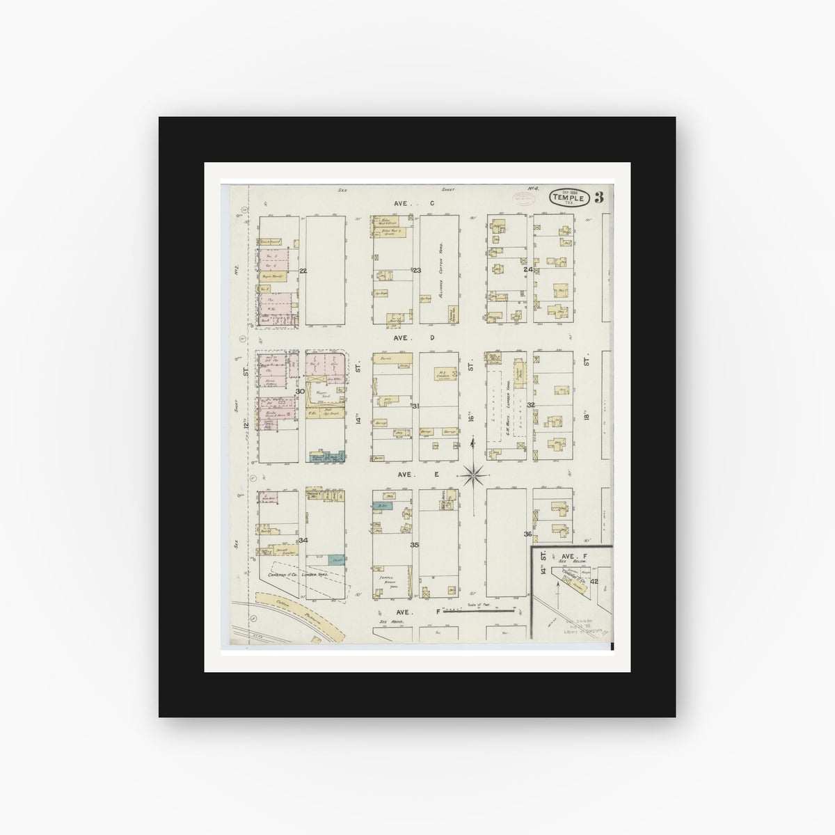 Old map wall art mockup — black gallery frame with white mat — Sanborn Fire Insurance Map from Temple, Bell County, Texas (1888), Sheet #0003