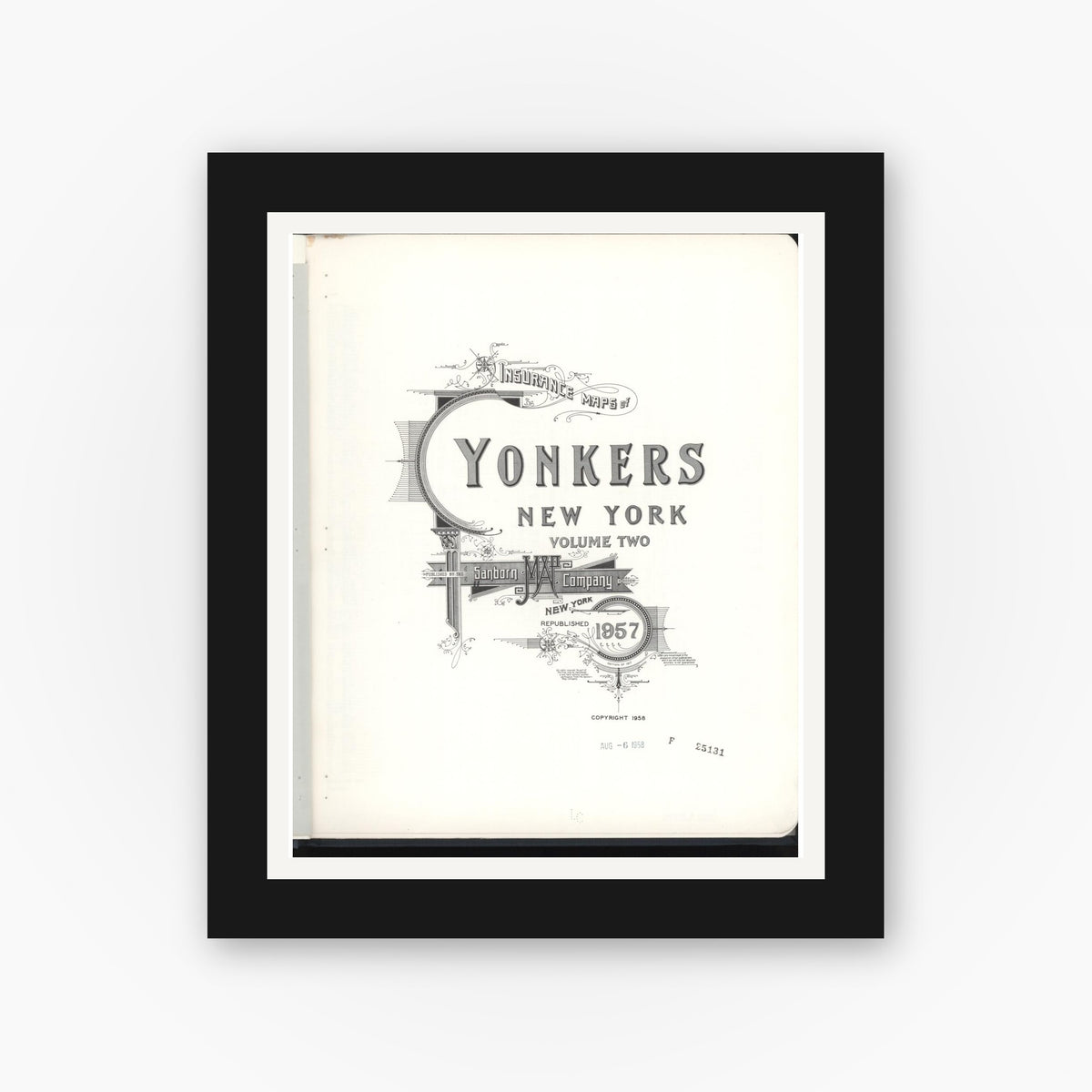 Old map wall art mockup — black gallery frame with white mat — Sanborn Fire Insurance Map from Yonkers, Westchester County, New York (1957), Sheet #0001