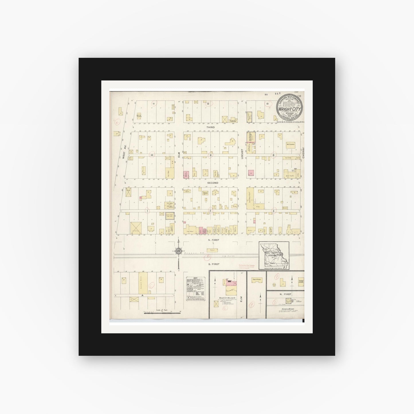 Old map wall art mockup — black gallery frame with white mat — Sanborn Fire Insurance Map from Wright City, Warren County, Missouri (1912), Sheet #0001