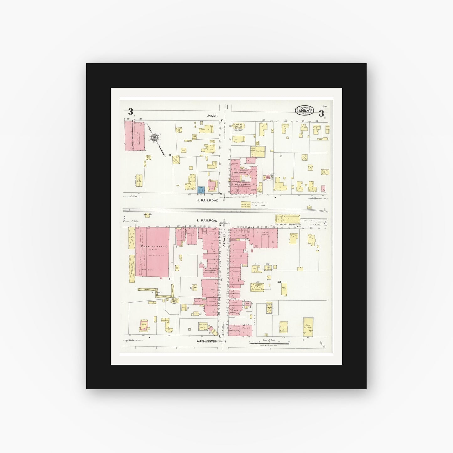 Old map wall art mockup — black gallery frame with white mat — Sanborn Fire Insurance Map from La Grange, Lenoir County, North Carolina (1925), Sheet #0003