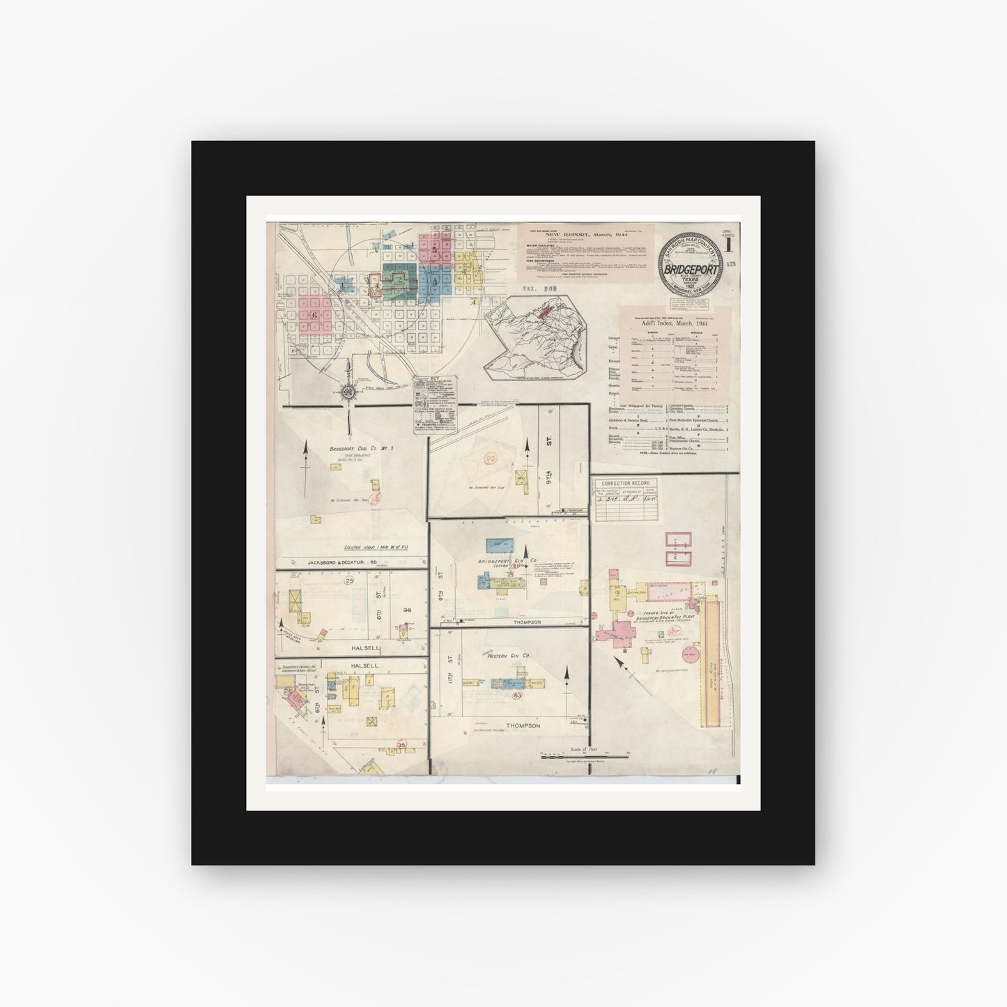Old map wall art mockup — black gallery frame with white mat — Sanborn Fire Insurance Map from Bridgeport, Wise County, Texas (1944), Sheet #0001