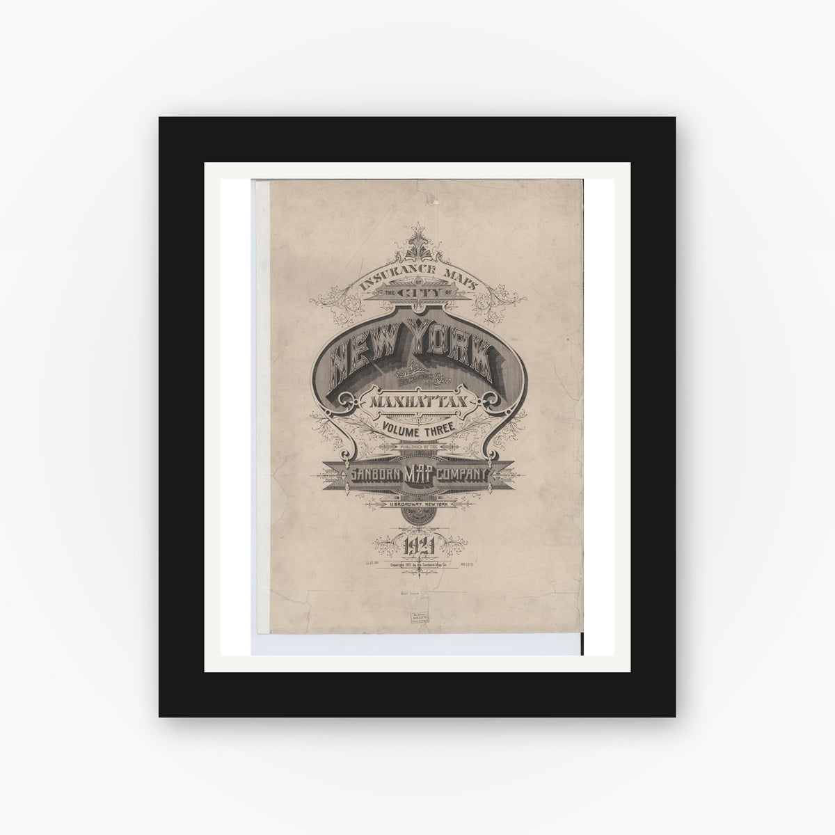 Old map wall art mockup — black gallery frame with white mat — Sanborn Fire Insurance Map from New York, Bronx, Manhattan, New York (1921), Sheet #0001