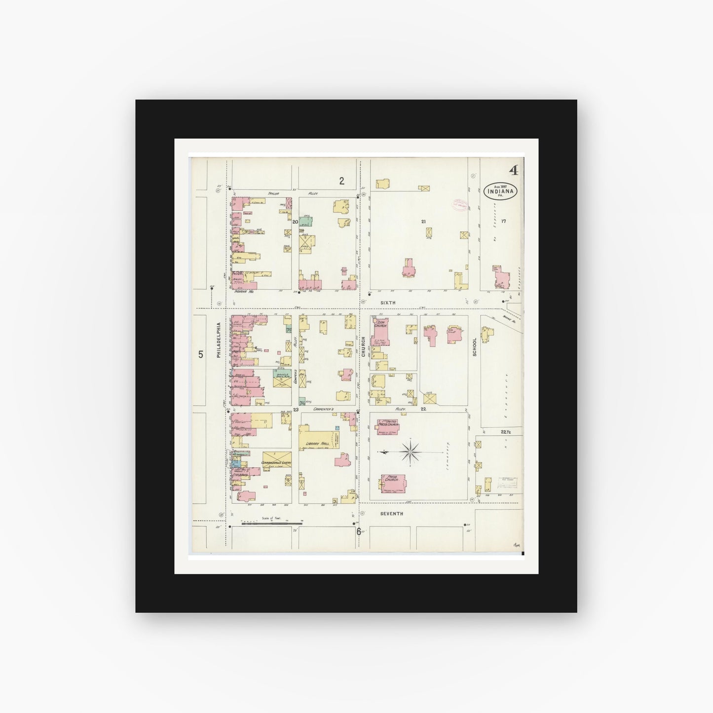 Old map wall art mockup — black gallery frame with white mat — Sanborn Fire Insurance Map from Indiana, Indiana County, Pennsylvania (1888), Sheet #0004