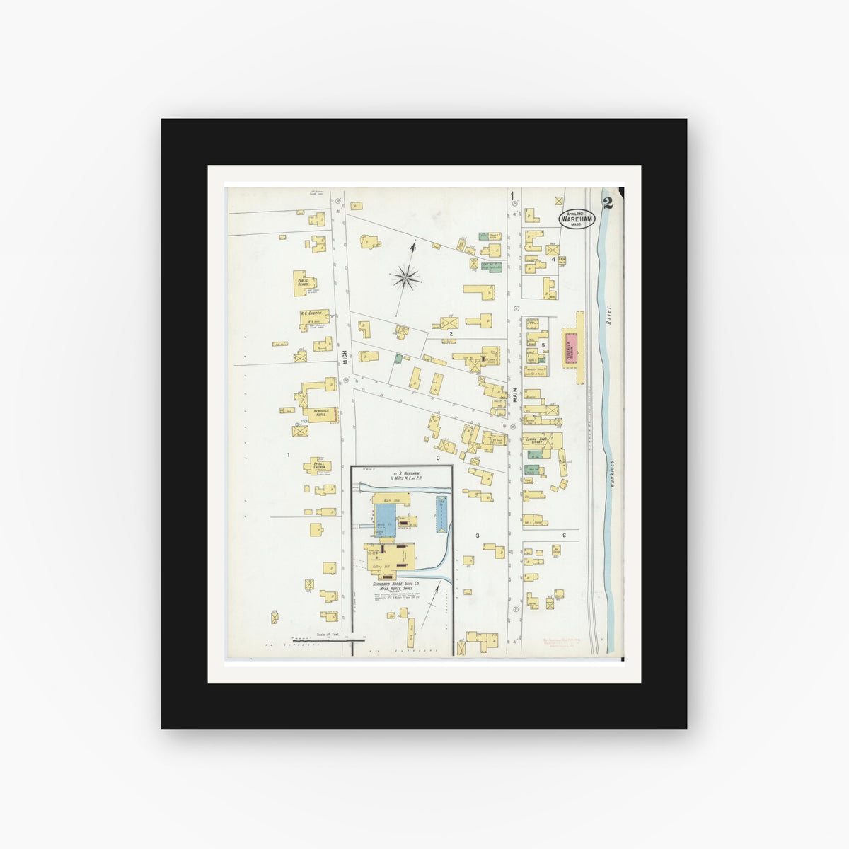 Old map wall art mockup — black gallery frame with white mat — Sanborn Fire Insurance Map from Wareham, Plymouth County, Massachusetts (1901), Sheet #0002