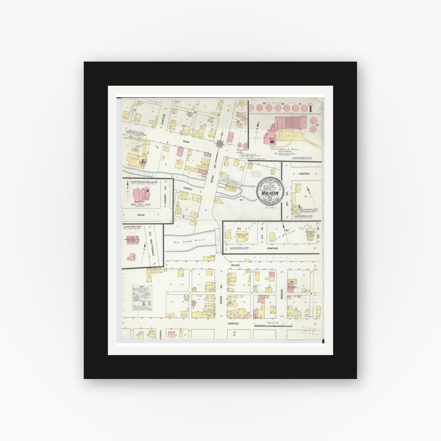 Old map wall art mockup — black gallery frame with white mat — Sanborn Fire Insurance Map from Malvern, Carroll County, Ohio (1911) - Complete Map Set