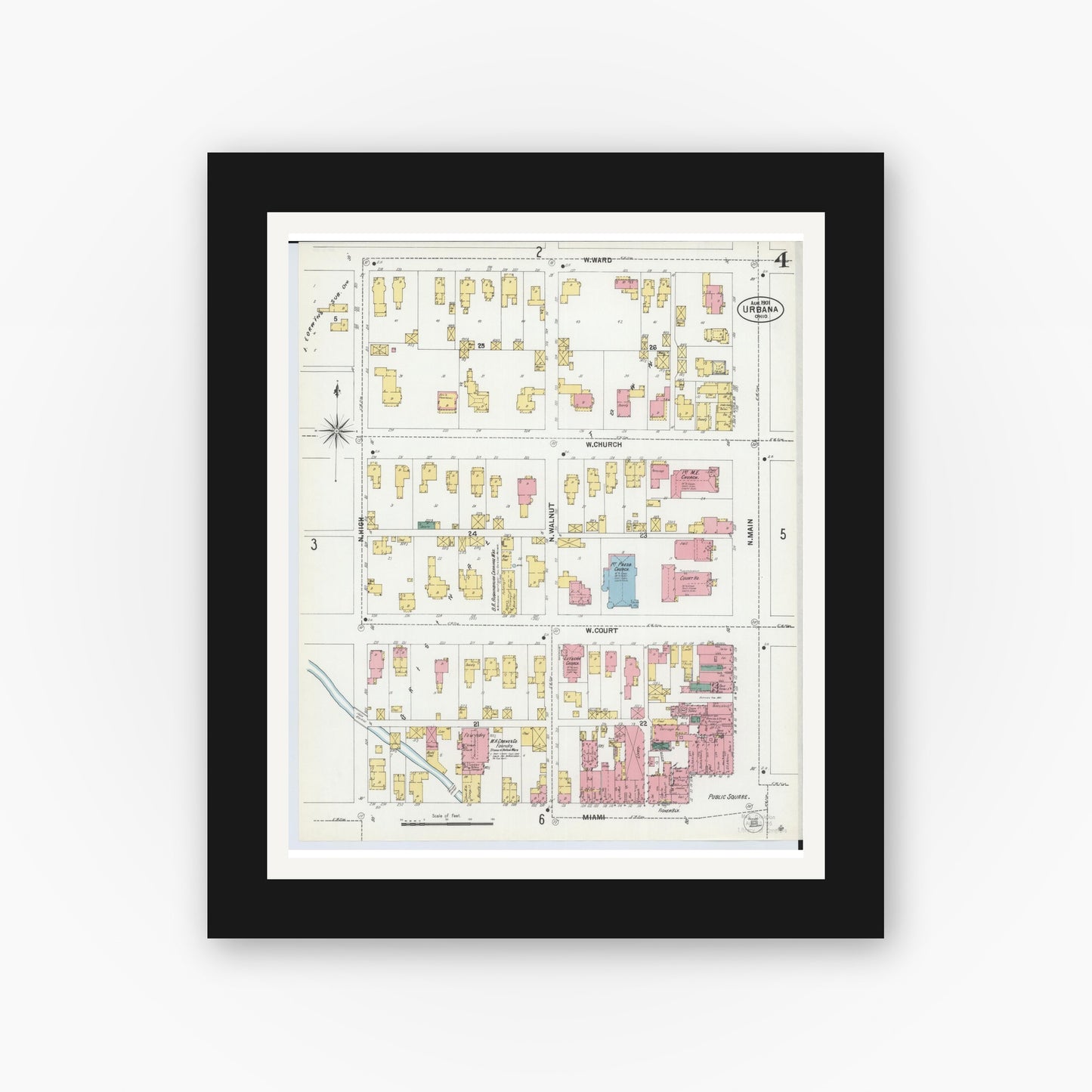 Old map wall art mockup — black gallery frame with white mat — Sanborn Fire Insurance Map from Urbana, Champaign County, Ohio (1901), Sheet #0004