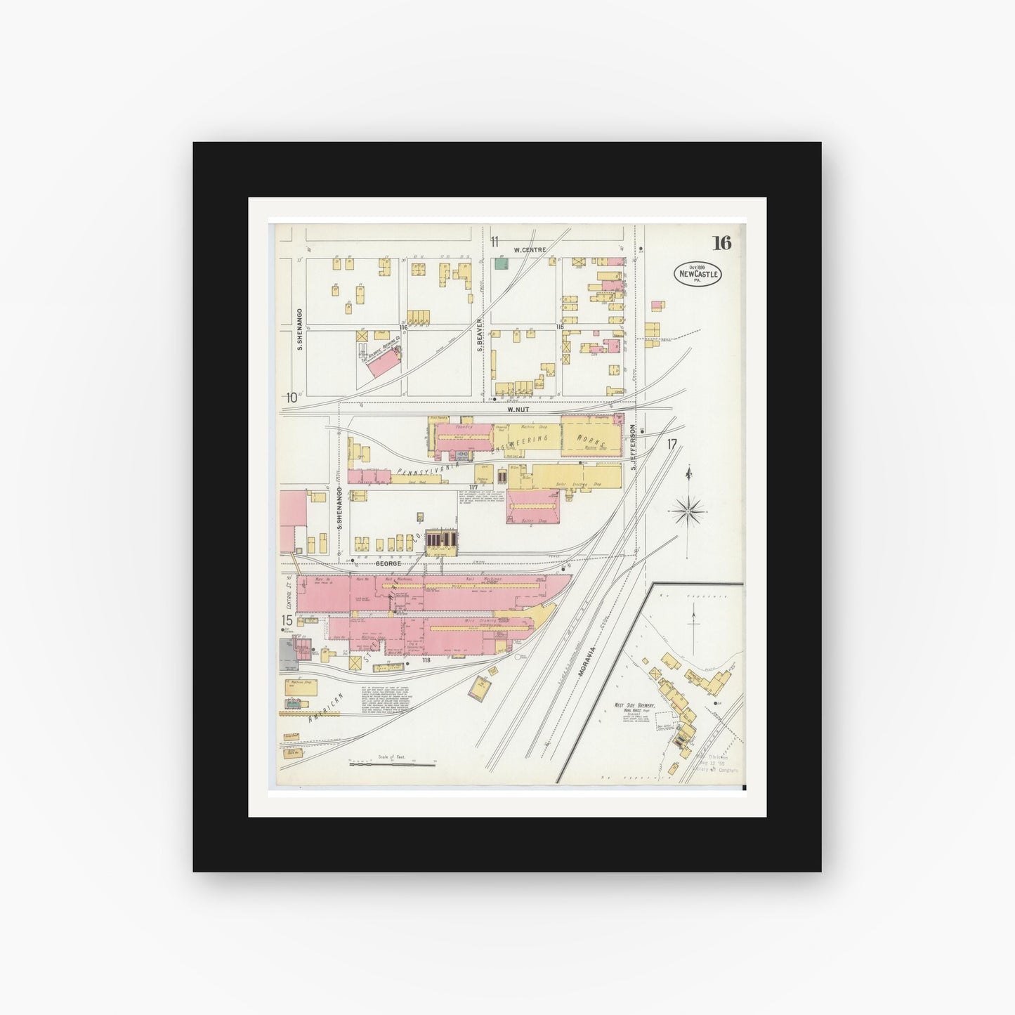 Old map wall art mockup — black gallery frame with white mat — Sanborn Fire Insurance Map from New Castle, Lawrence County, Pennsylvania (1899), Sheet #0016