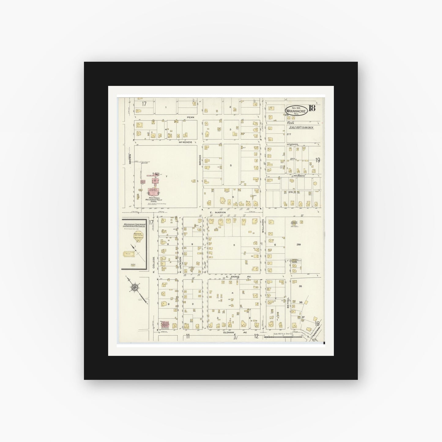 Old map wall art mockup — black gallery frame with white mat — Sanborn Fire Insurance Map from Waxahachie, Ellis County, Texas (1914), Sheet #0018