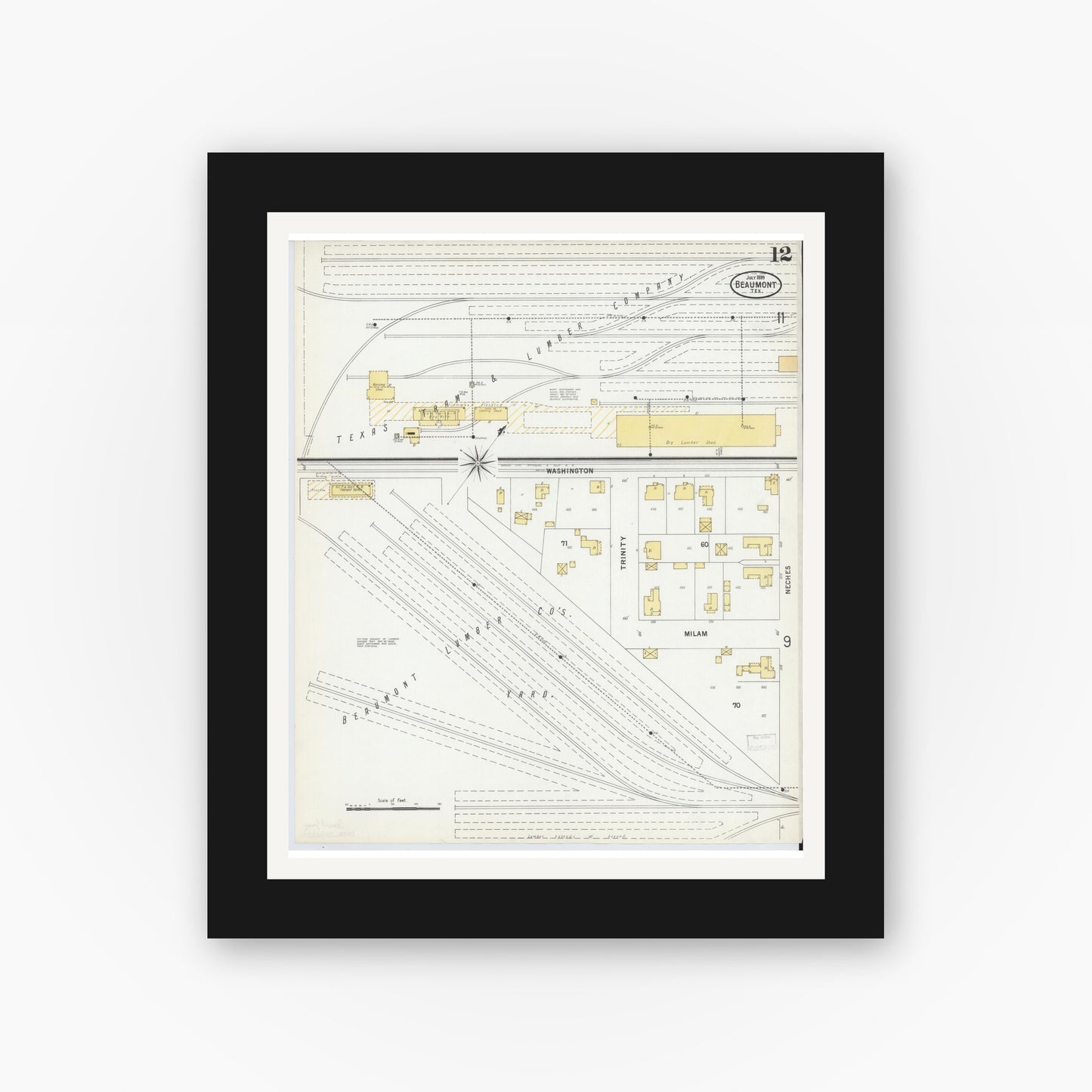 Old map wall art mockup — black gallery frame with white mat — Sanborn Fire Insurance Map from Beaumont, Jefferson County, Texas (1899), Sheet #0012