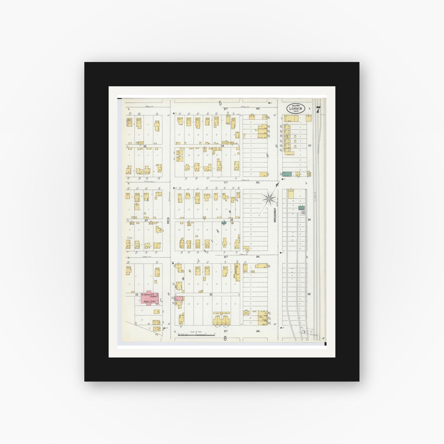 Old map wall art mockup — black gallery frame with white mat — Sanborn Fire Insurance Map from Lorain, Lorain County, Ohio (1900), Sheet #0007