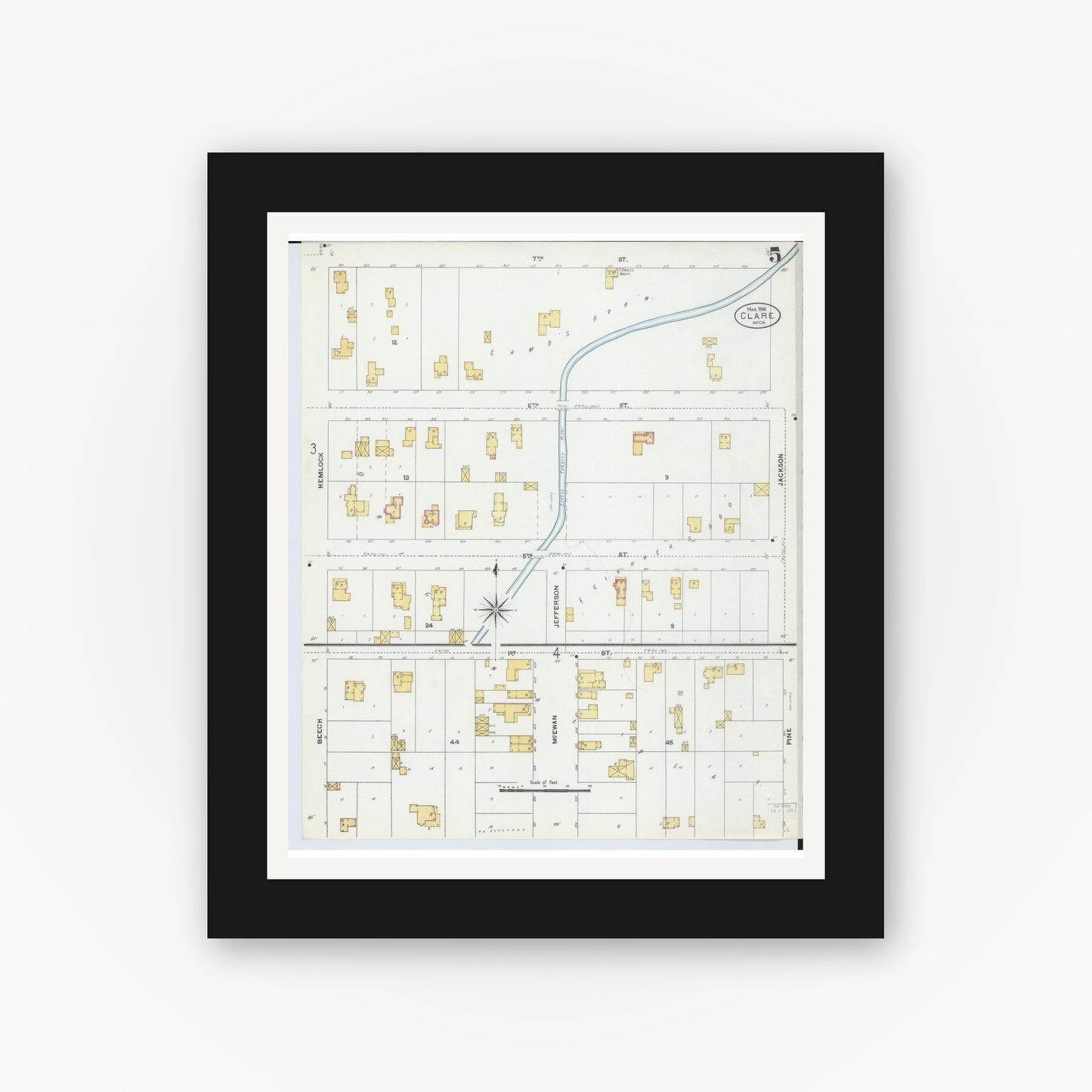 Old map wall art mockup — black gallery frame with white mat — Sanborn Fire Insurance Map from Clare, Clare County, Michigan (1906), Sheet #0005