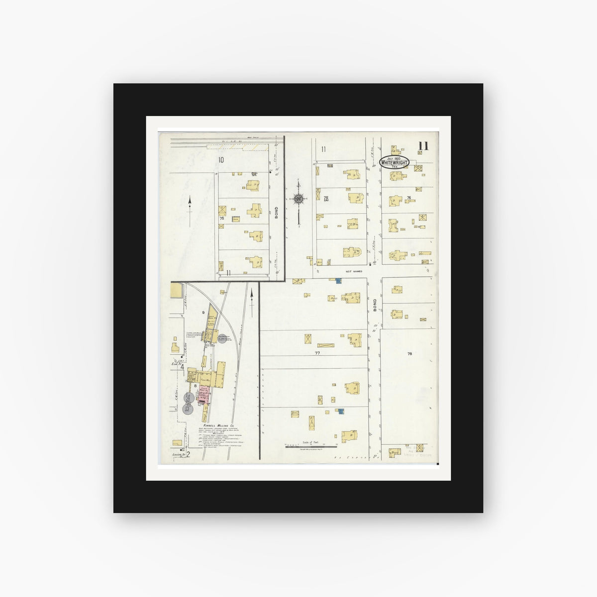 Old map wall art mockup — black gallery frame with white mat — Sanborn Fire Insurance Map from Whitewright, Grayson County, Texas (1920), Sheet #0011