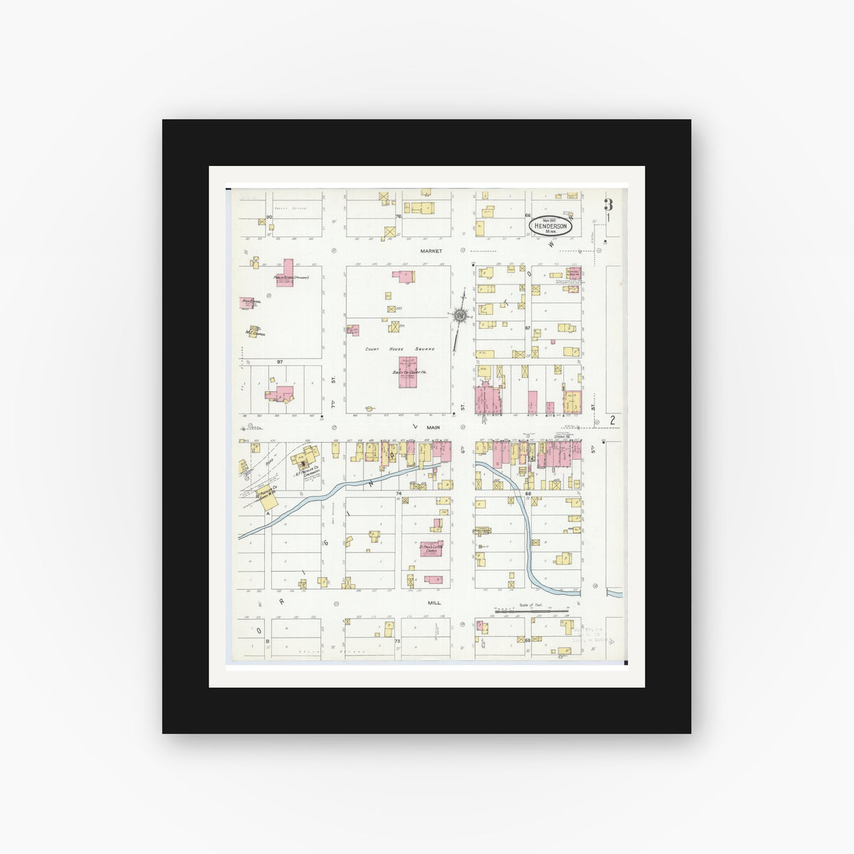 Old map wall art mockup — black gallery frame with white mat — Sanborn Fire Insurance Map from Henderson, Sibley County, Minnesota (1910), Sheet #0003