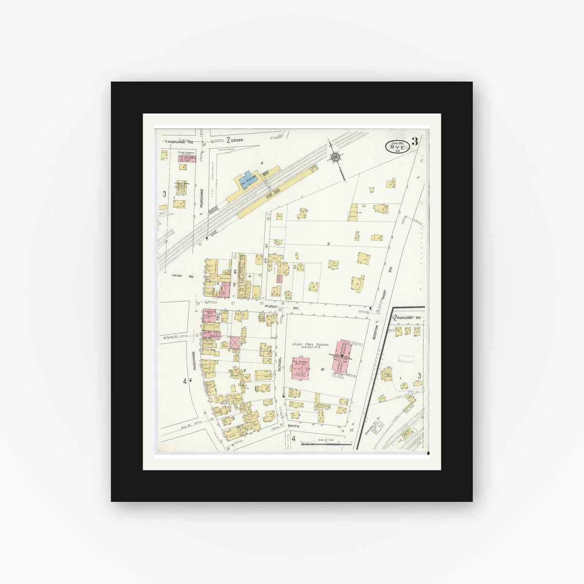 Old map wall art mockup — black gallery frame with white mat — Sanborn Fire Insurance Map from Rye, Westchester County, New York (1912), Sheet #0003